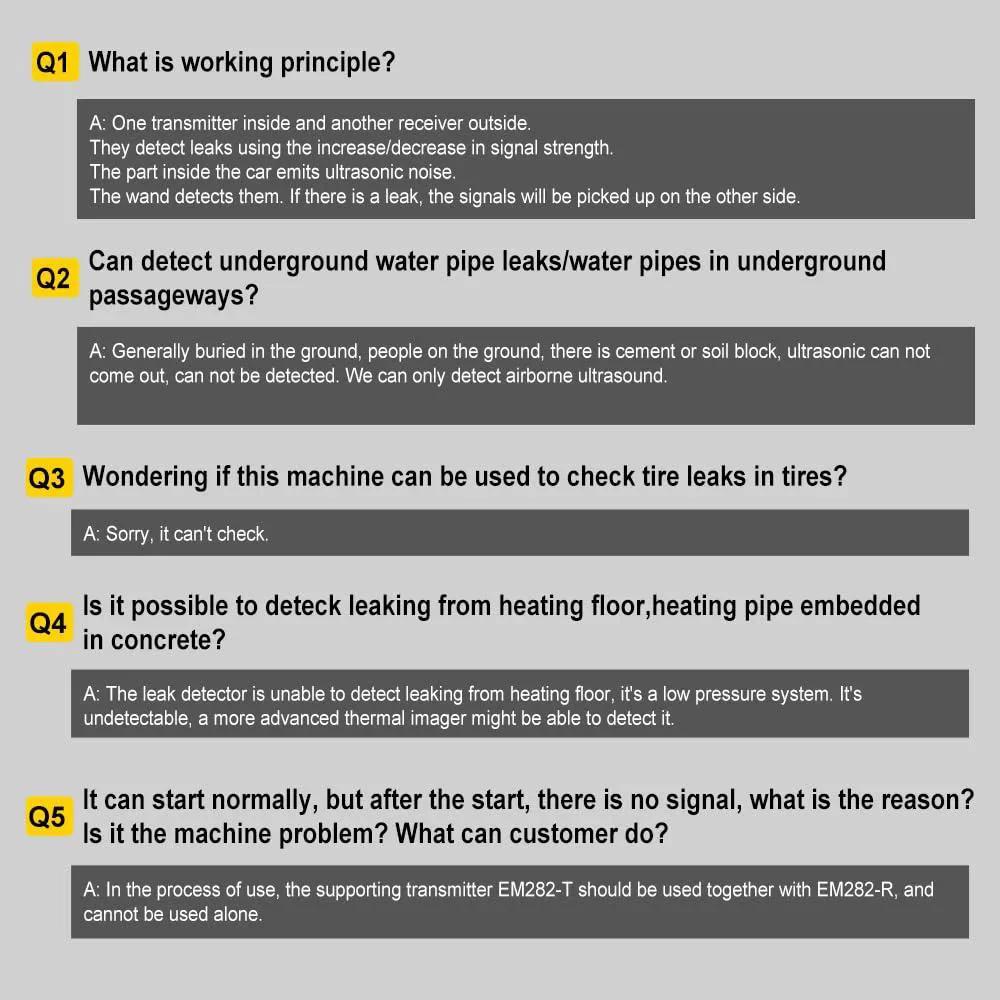 FAQ section about ultrasonic vacuum leakage detector use and limits, explaining principles and applications for HVAC and automotive systems.