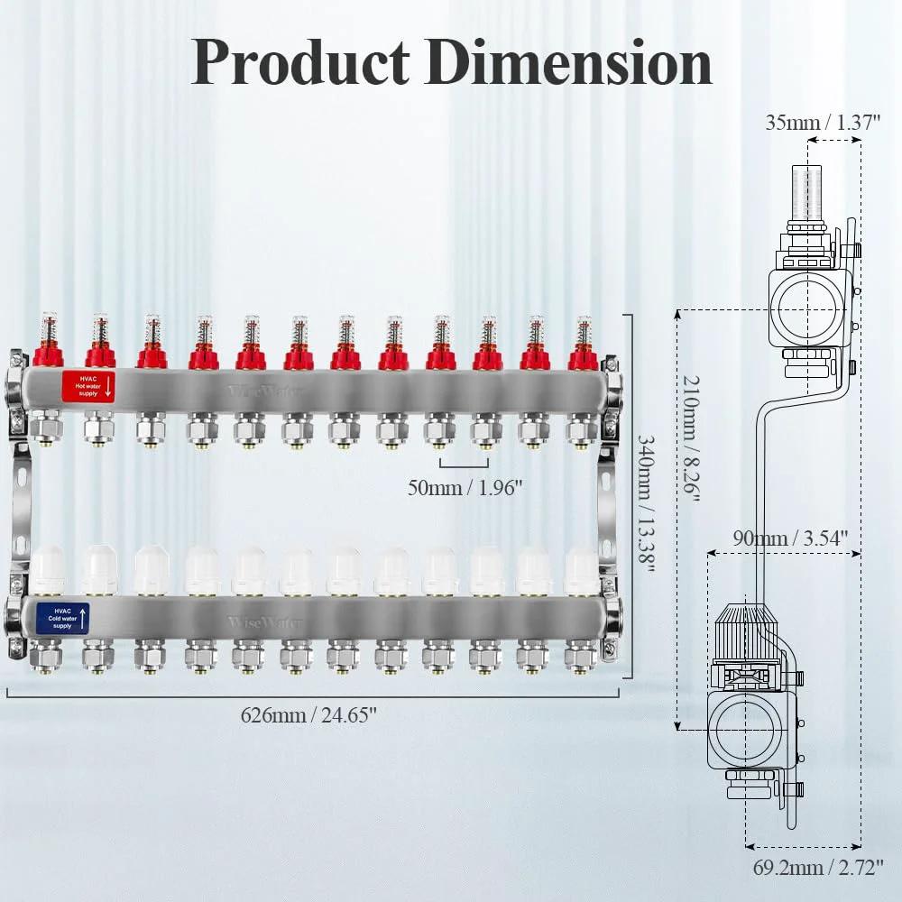 Diagram of AB 12 Loop PEX Radiant Manifold For Hydronic Floor Heating With Half Inch Outlets And Up To 1.3 GPM Flow Valve, dimensions shown.