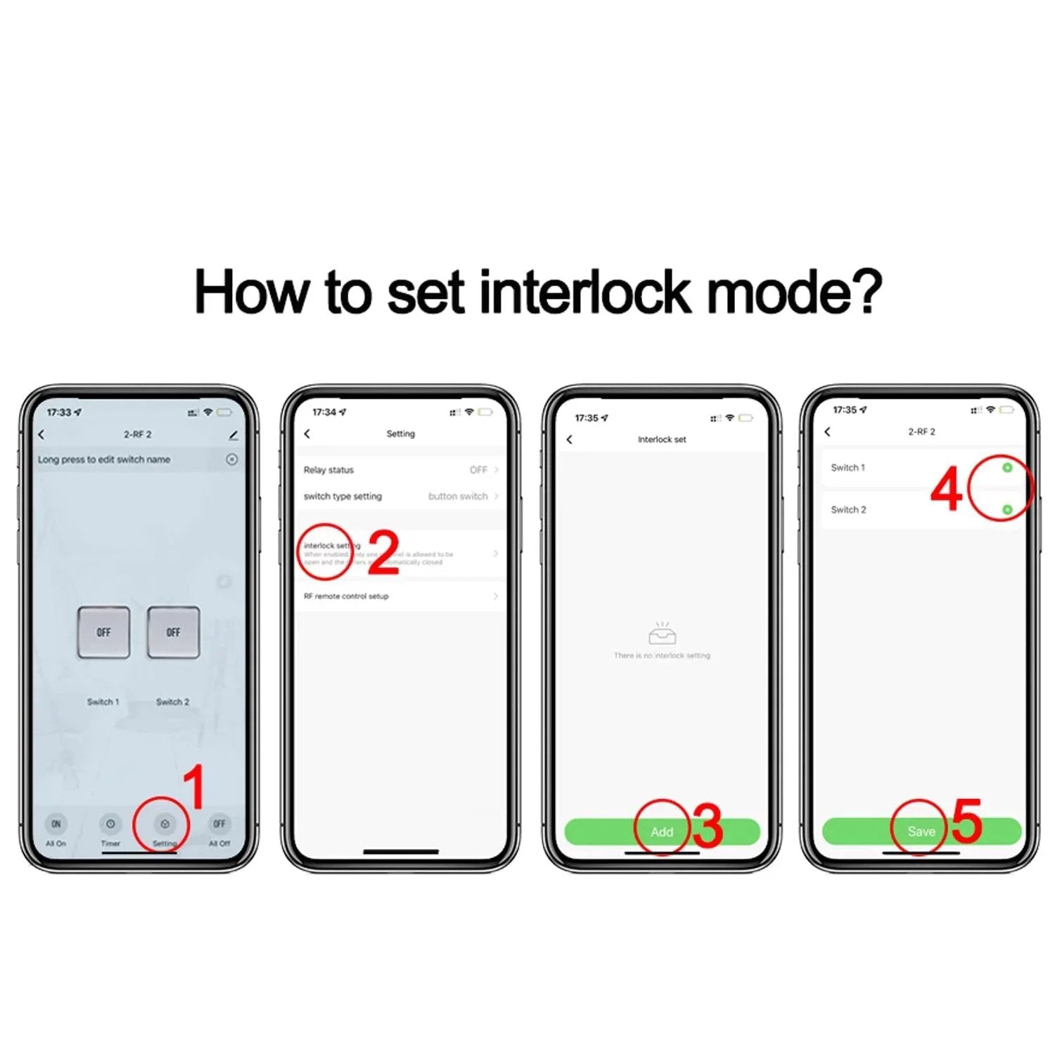 Instructions on setting interlock mode on Smart WiFi Relay Switch for Linear Actuators and Garage Doors via app.