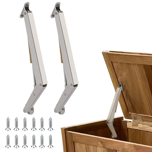 2 Pack 150N Gas Strut Spring Hinges For Heavy Lids shown next to a wooden toy box, including screws for installation