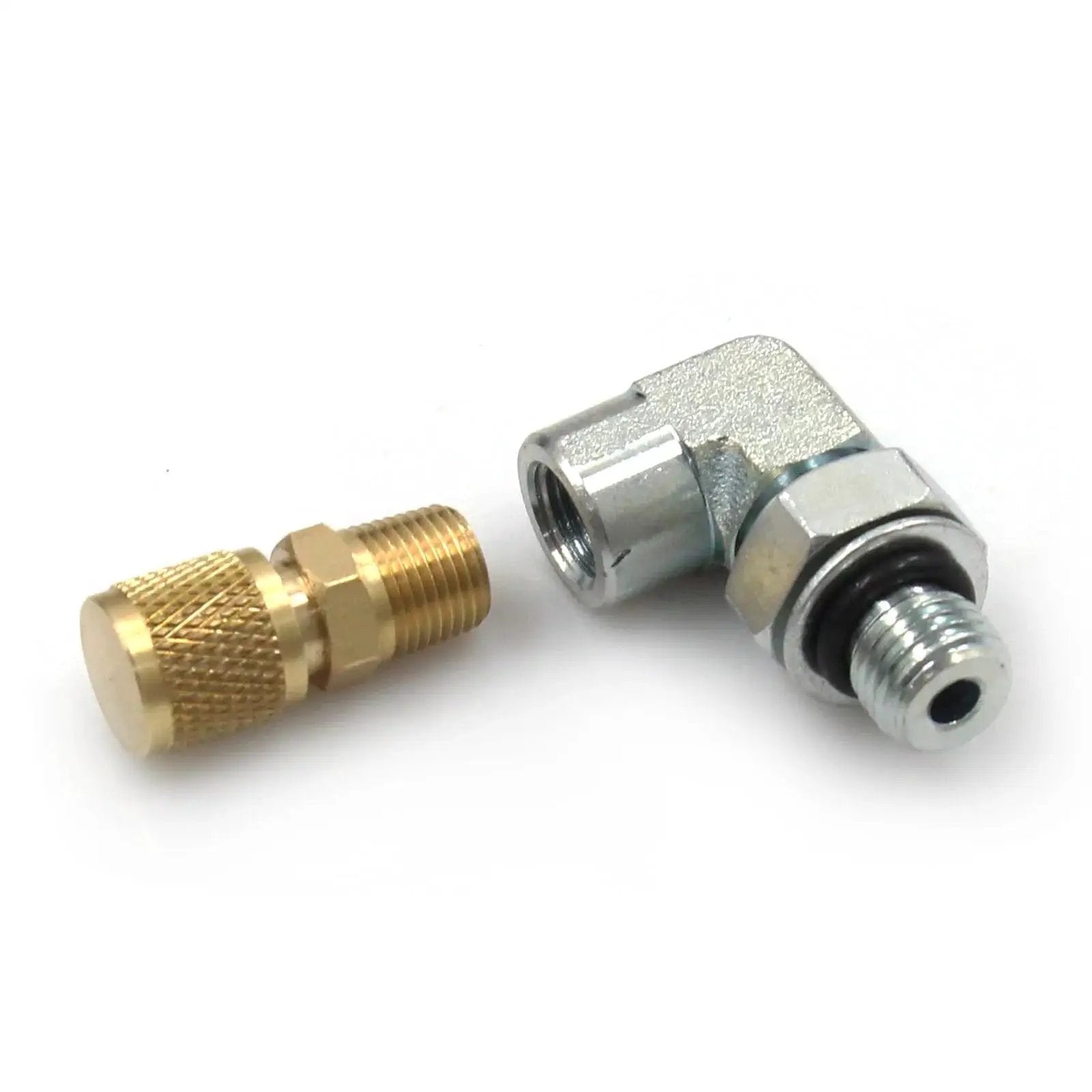 Ford Powerstroke 7.3 Fuel Pressure Test Port Adapter 1/8NPT With 90 Degree Elbow, metal construction with brass fitting.