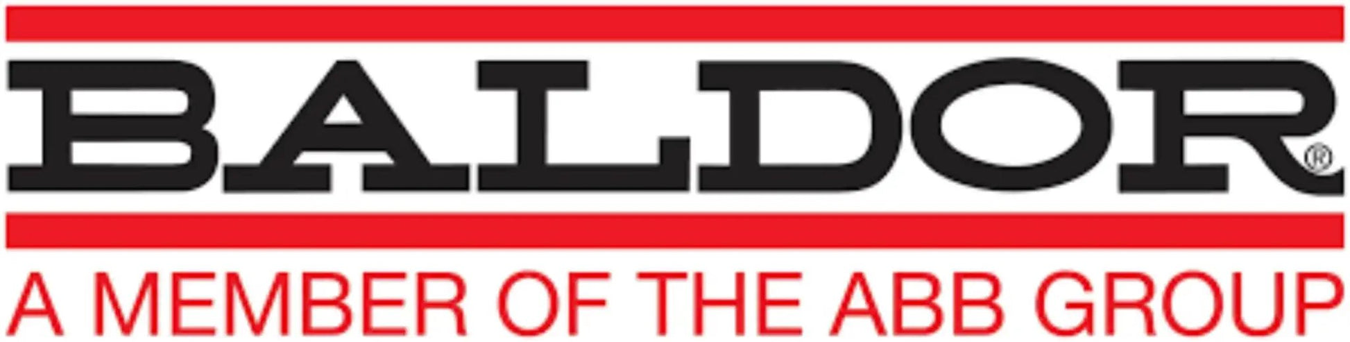Baldor logo, a member of the ABB Group, black and red text on white background