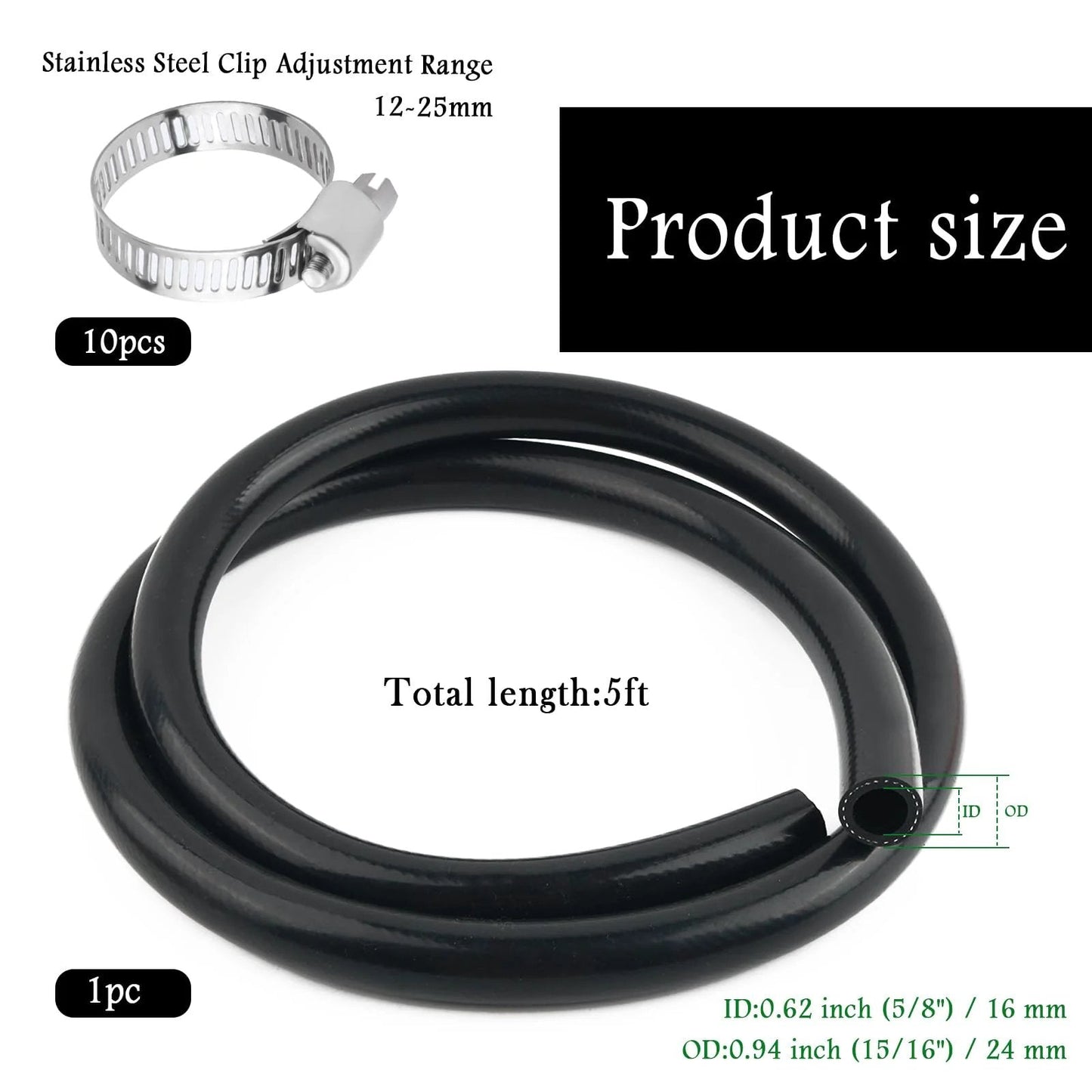 Five Eighth Inch Heater Hose For Your Ride, 5 Foot Rubber Radiator Coolant Hose With High And Low Temperature Resistance, Straight Hose Kit With Ten Stainless Steel Clamps, Capable Of Conveying Water And Gas. Black rubber hose and stainless steel clamp shown.
