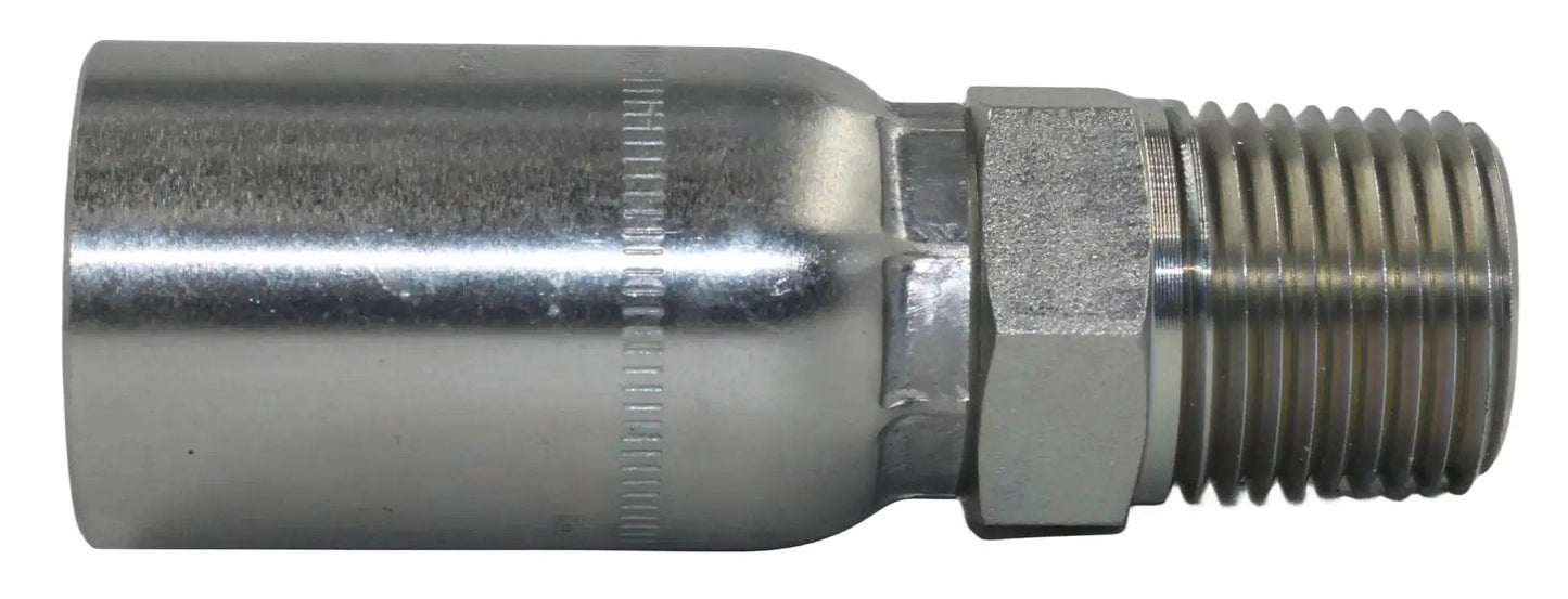 Ten Pack L-MP-04-04 One Quarter Inch ID Hydraulic Hose End Fittings With One Quarter Inch NPT Male Crimp Connection, side view