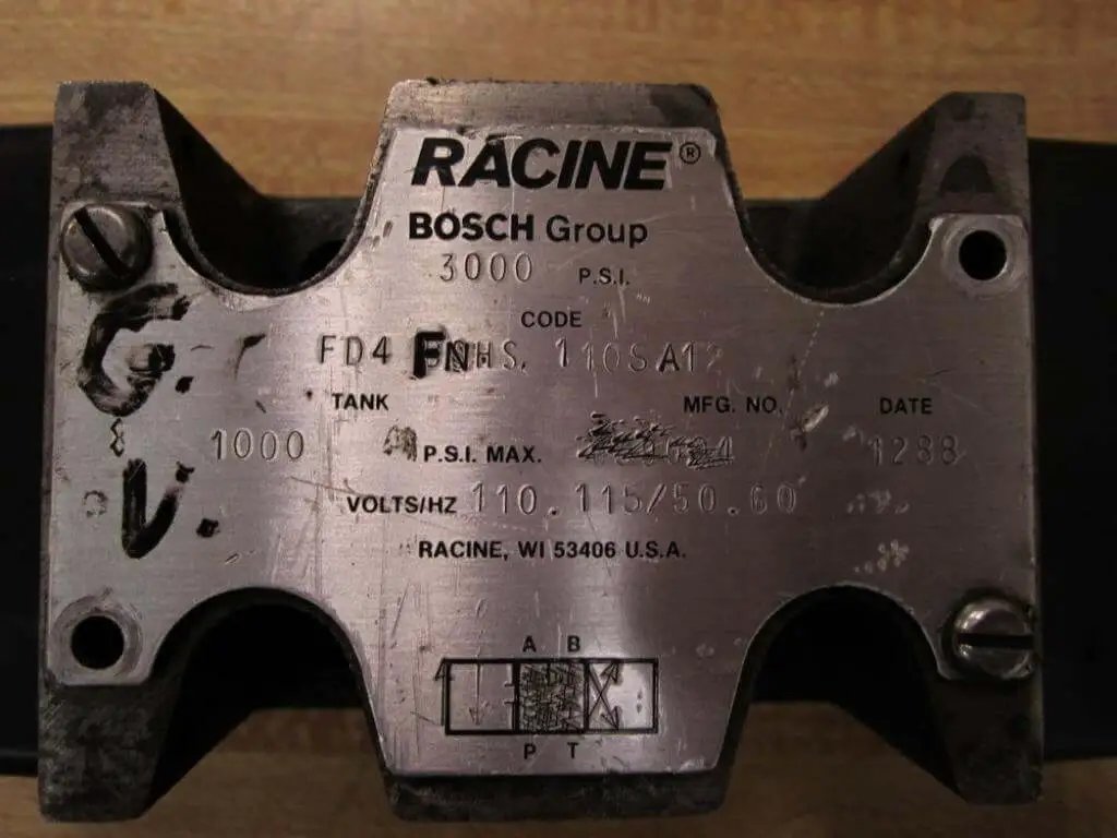 Label on FD4-FNHS-110SA12 Industrial Hydraulic Solenoid Valve at 3000 PSI, 110/115V 50/60Hz Power, Racine control systems