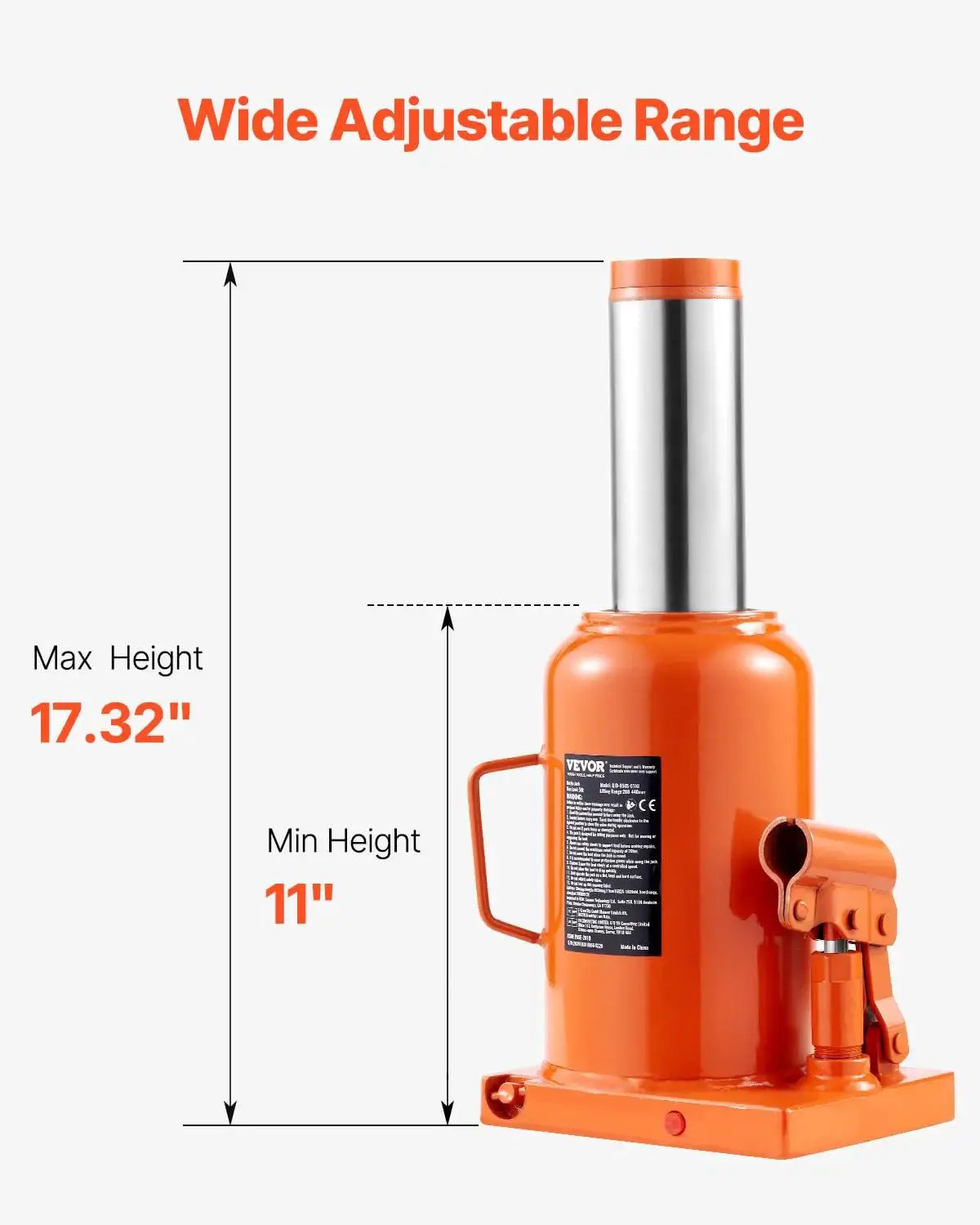 Front view of 50 Ton Hydraulic Bottle Jack With 11 To 17 Inch Lift And 3 Section Handle showing height range and handle.