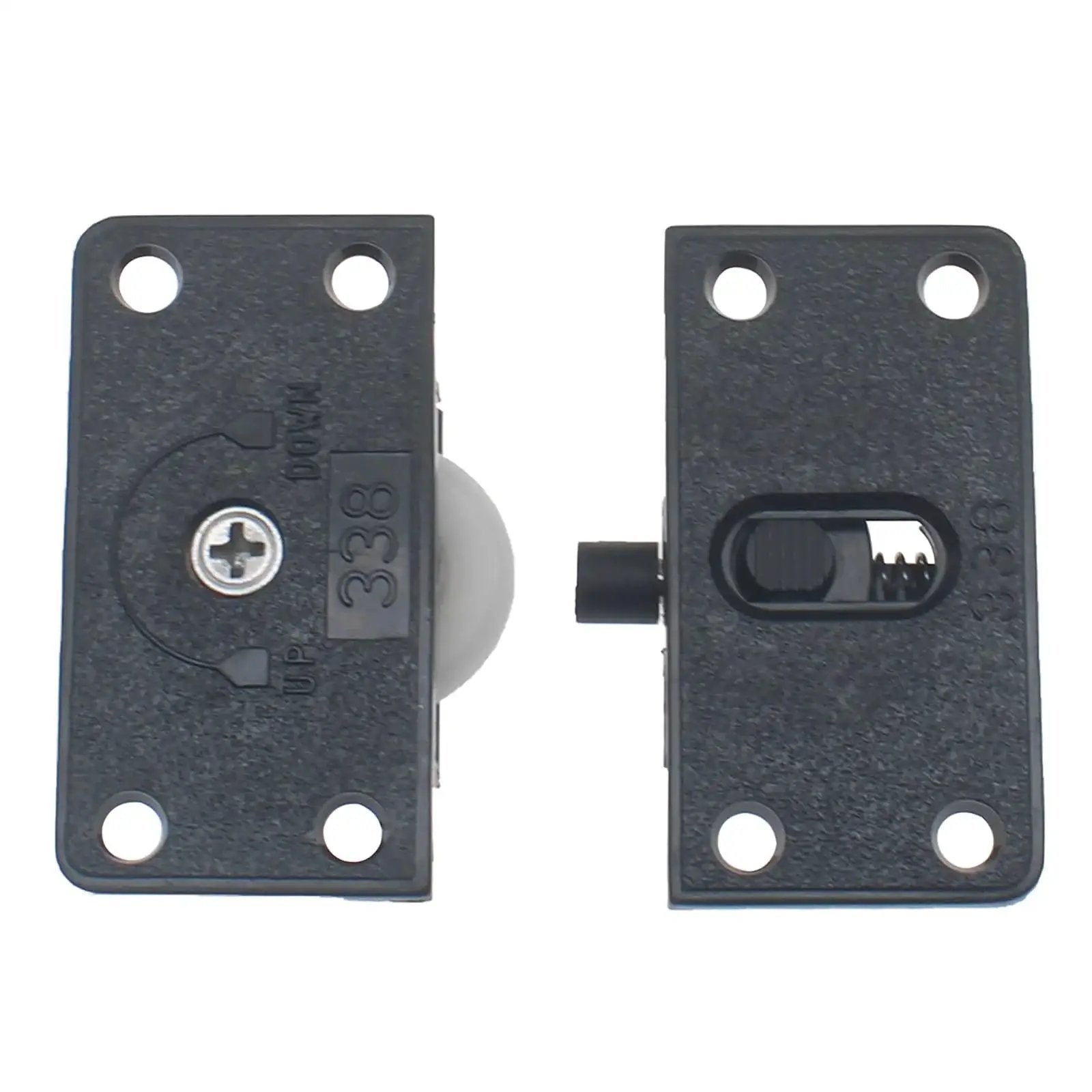 Two Set Sliding Cabinet Door Hardware ABS Plastic Wardrobe Pulley for Cabinet Barn Door Wardrobe Closet Black 58mm Length 28mm Width 34mm Diameter Wheel Durable Easy To Install For Smooth Operation, shown in a front view with screw holes and visible wheel.