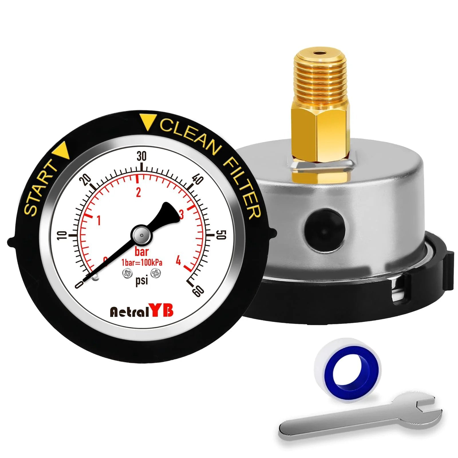 Front and side view of Pool Filter Pressure Gauge Zero To Sixty PSI With Two Inch Dial One Quarter Inch NPT Back Mount 304 Stainless Steel Case IP67 Waterproof Clean Filter Indicator For Swimming Pools Spas Pumps And Aquarium Systems