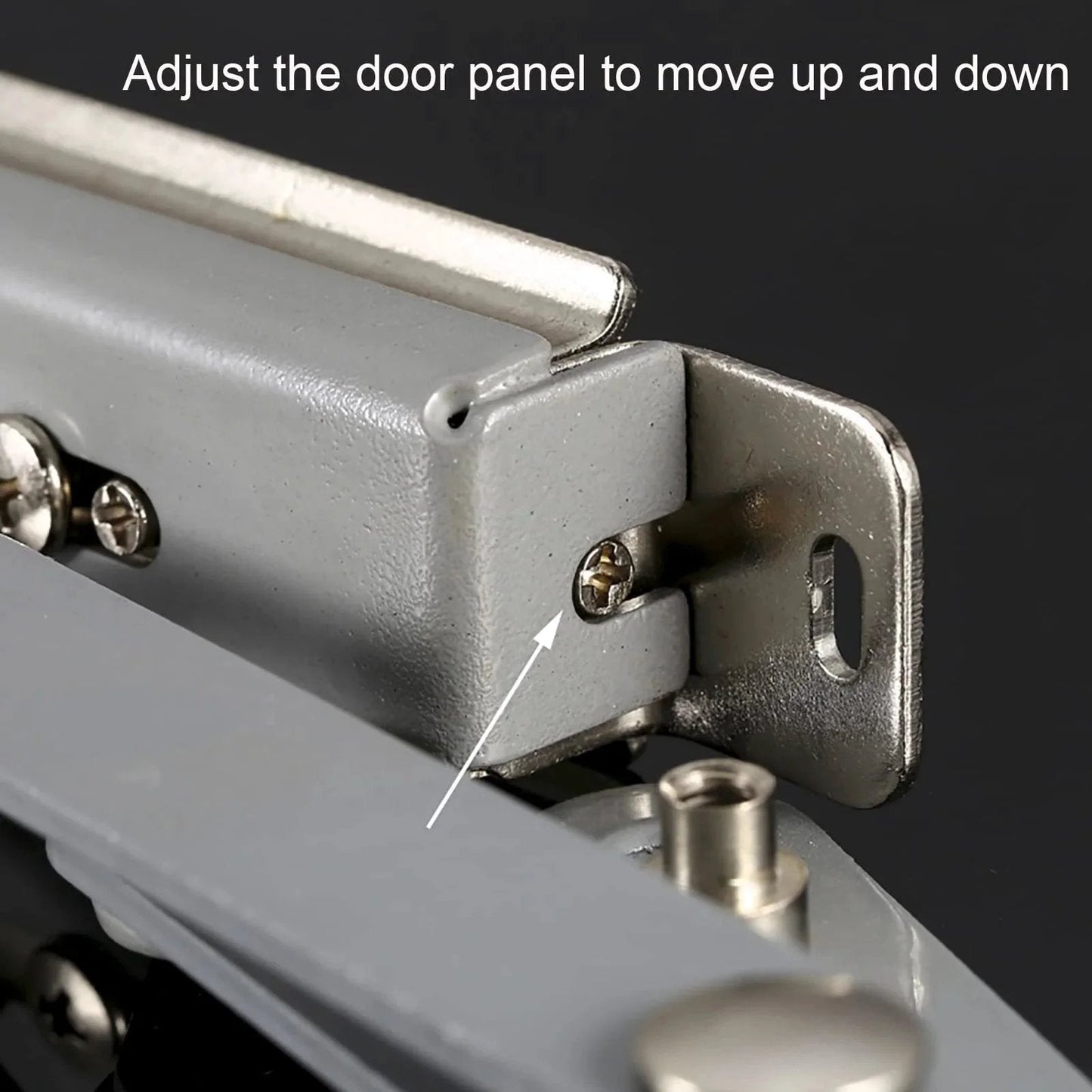 Close-up of Kitchen Cabinet Door Flap Up Support Furniture Hinge, showing screw adjustment for door panel movement