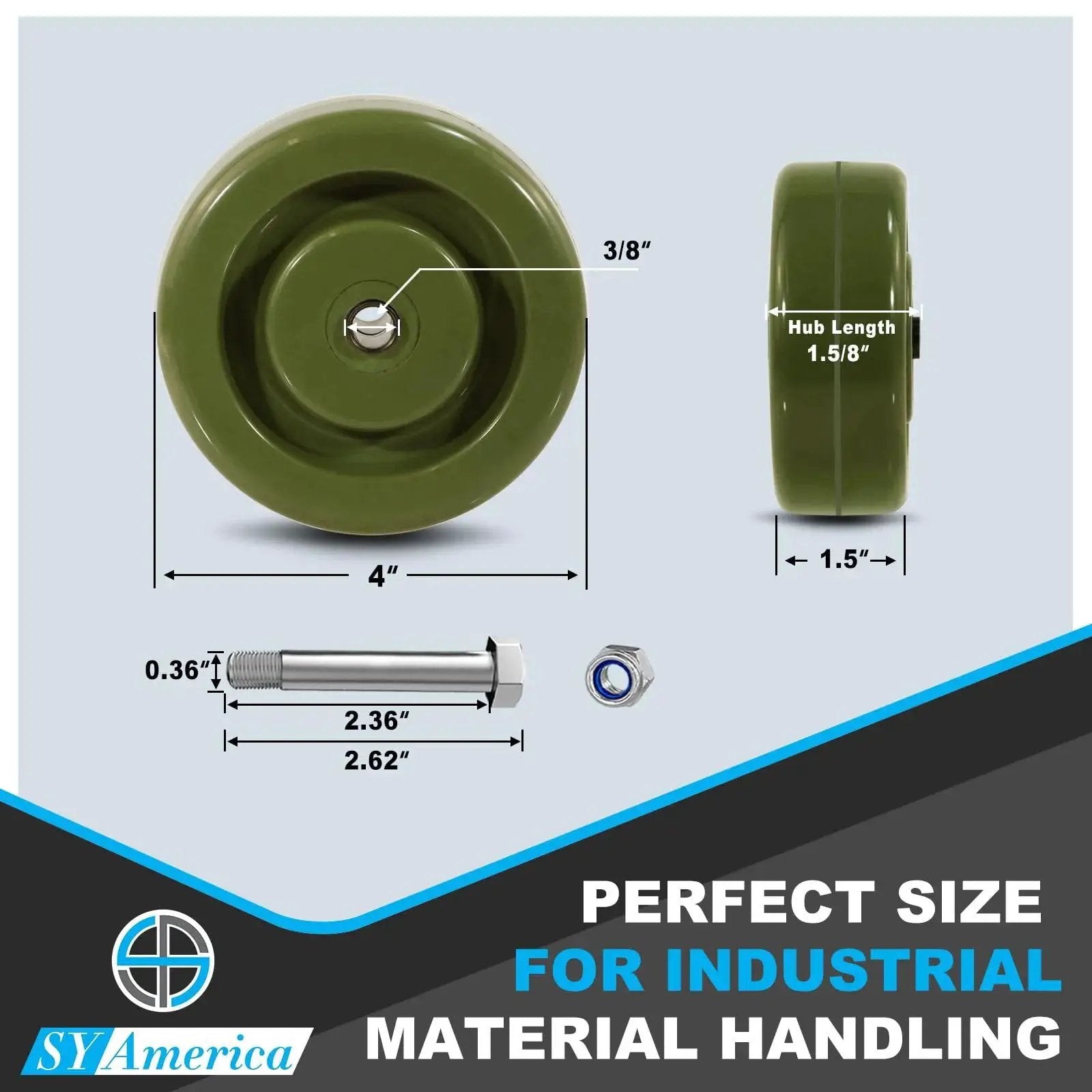4 Inch By 1.5 Inch High Temp Green Epoxy Caster Wheels Set Of 4 For Industrial Bakery And Oven Racks With 3/8 Inch Bore Bearings And 2800 Lbs Capacity, Shock Resistant And Chemical Resistant, front and side view with bolt.