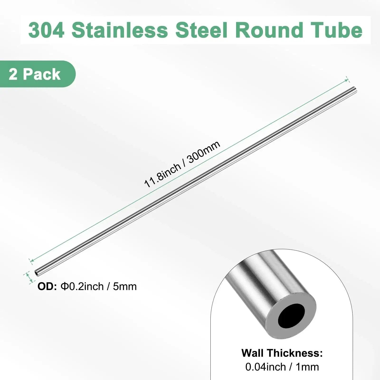 Premium 2 Pack 304 Stainless Steel Tubing 5mm OD 1mm Wall Seamless Pipe For Construction Machining DIY Craft Projects And Outdoor Use