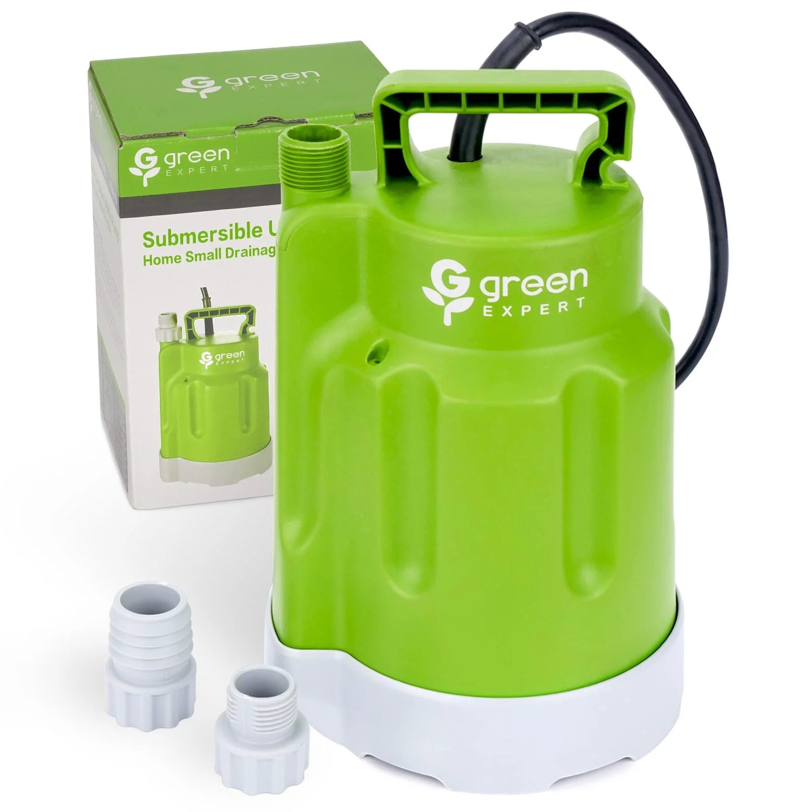 Green Expert powerful submersible sump pump for fast water removal one quarter HP 1800 GPH high flow with 25 foot power cord easily visible