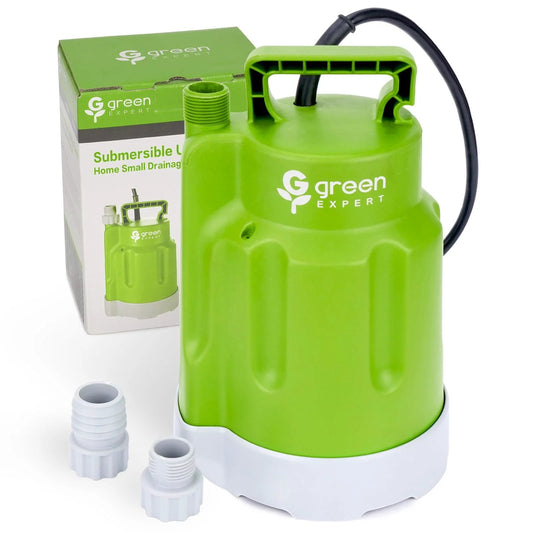 Green Expert powerful submersible sump pump for fast water removal one quarter HP 1800 GPH high flow with 25 foot power cord easily visible