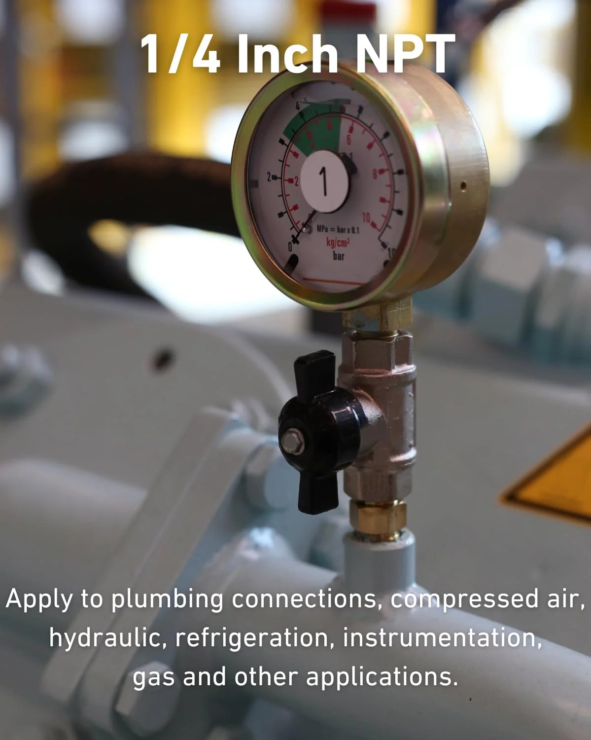 1/4 Inch NPT gauge on brass fitting used in plumbing and air systems.