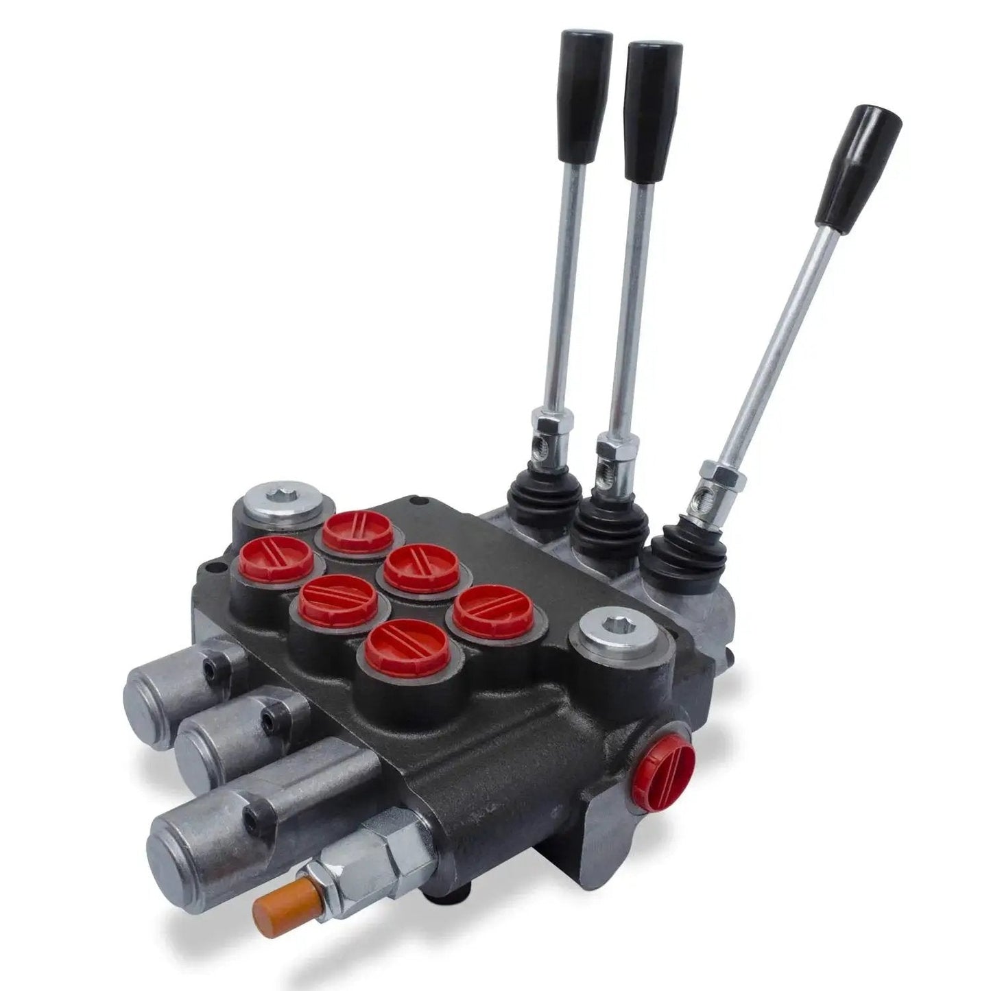 Monoblock 3 Spool Hydraulic Directional Control Valve With Single Float, 21 GPM Flow Rating, Rear Position Detent, front view