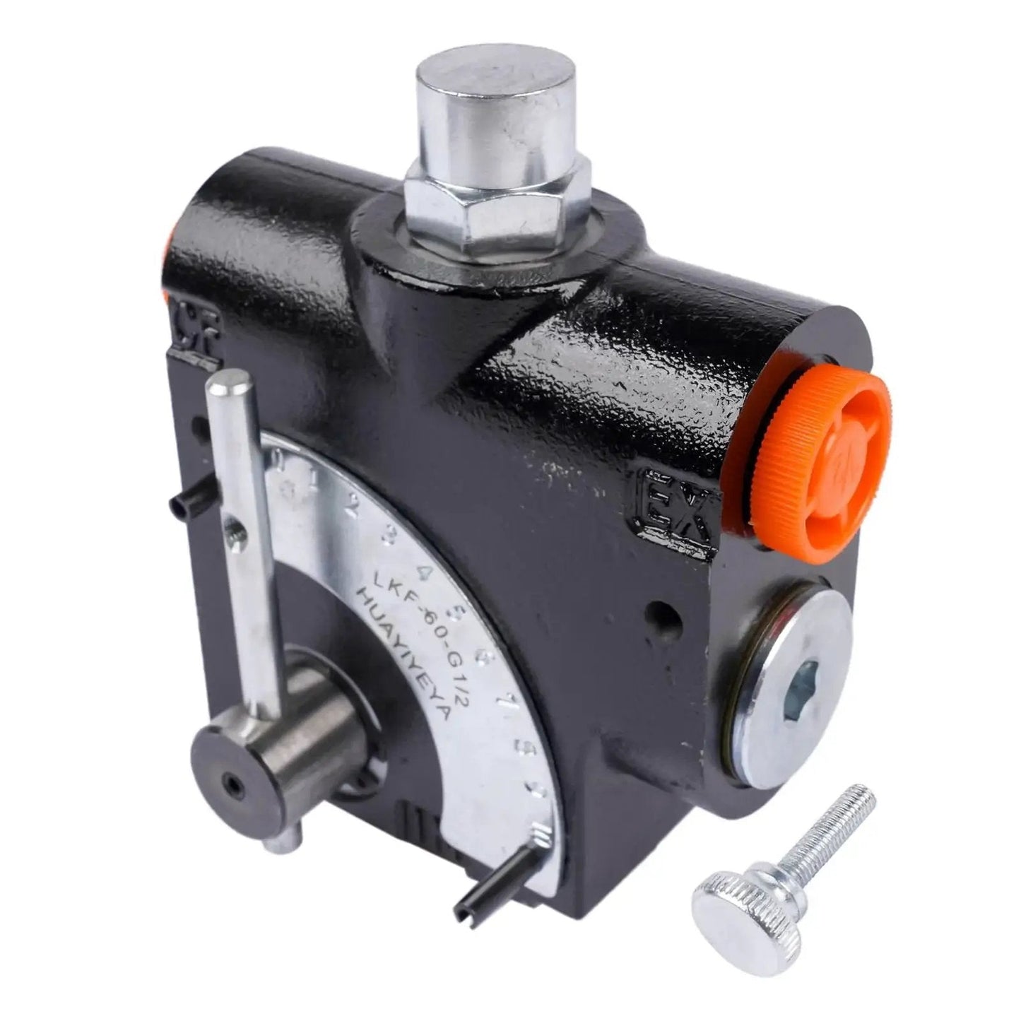 Hydraulic Adjustable Flow Control Valve With Relief For One Half Inch NPT, 30 GPM, side view with ball spring relief port