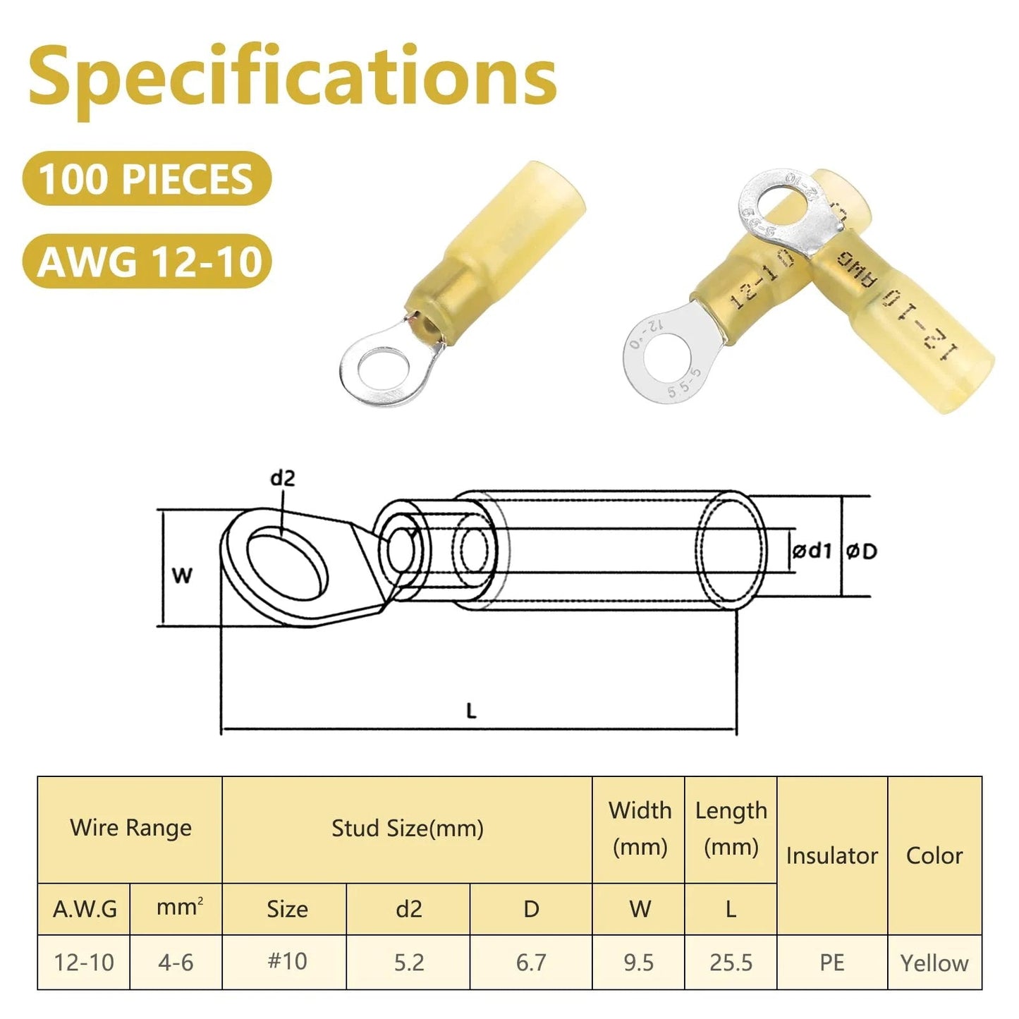 Heat Shrink Ring Terminals For 12 To 10 AWG Wire, 100 Pcs Insulated Eyelet Connectors, Marine Grade Ring Terminals