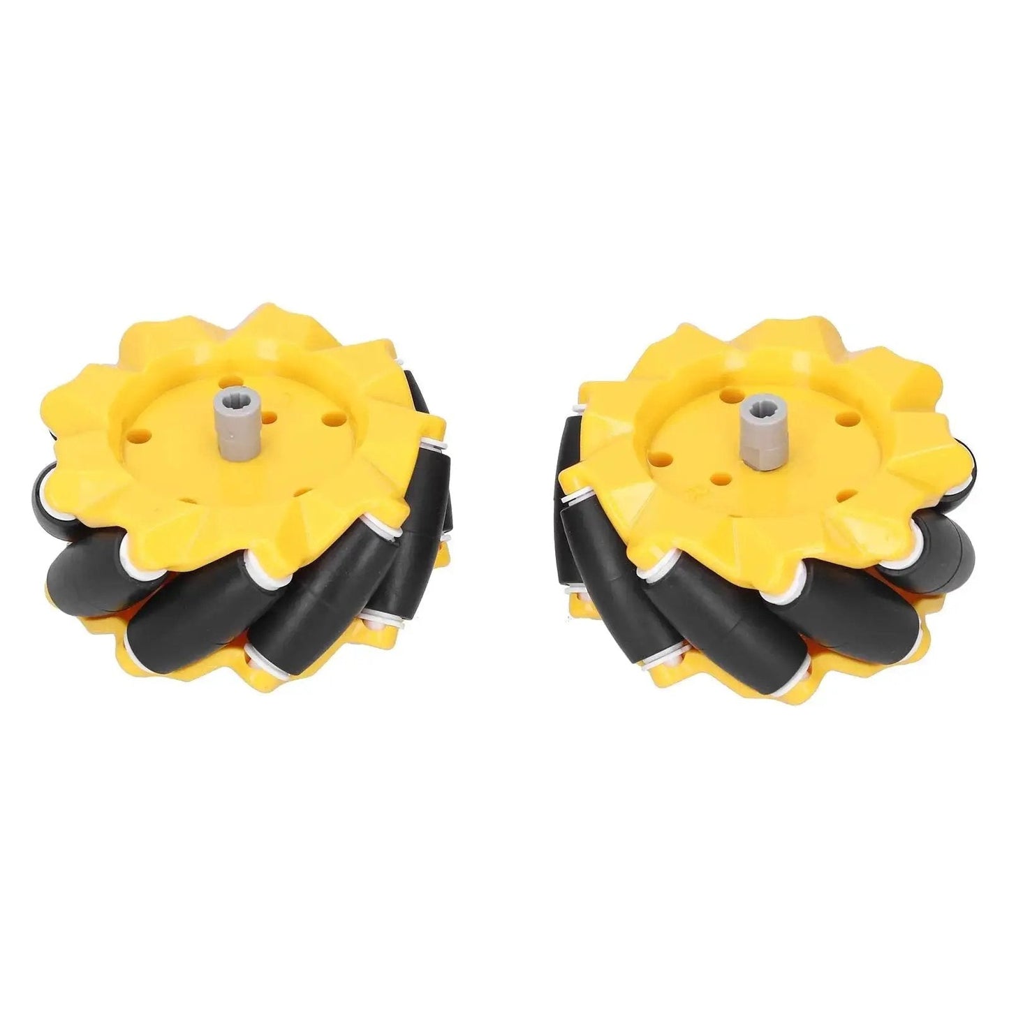 Two yellow 80mm Mecanum Wheel Omnidirectional Robot Car Parts For DIY Projects, featuring durable rubber-coated rollers for smooth rotation.