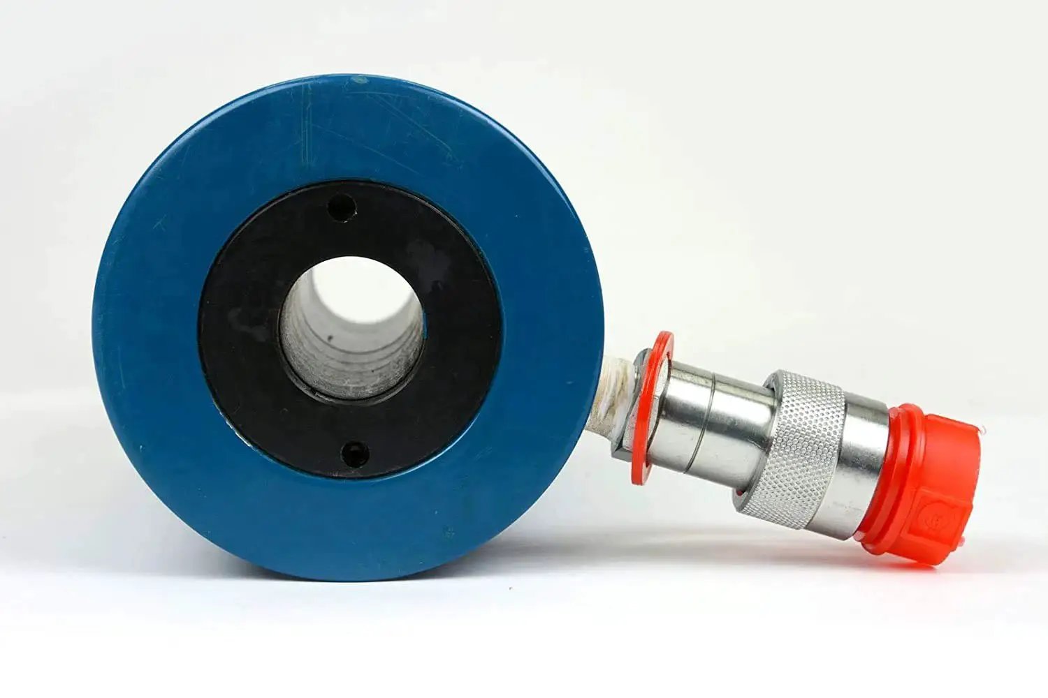 Hollow Hydraulic Cylinder Ram 30 Ton, 4 Inch Stroke, 10000 PSI, Quick Coupler, side view with blue casing.