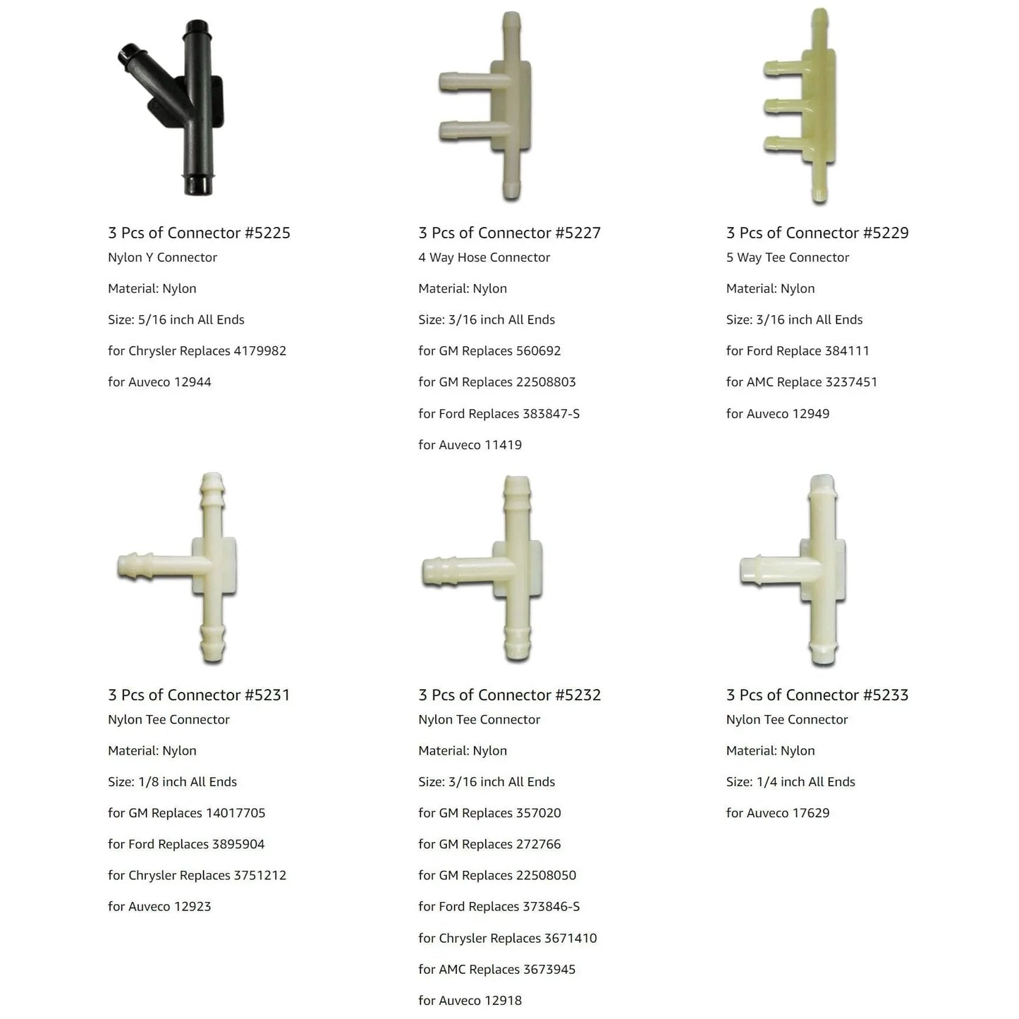 Assorted Vacuum Line Hose Connector Kit 18 Pcs by Woodzdon Y 4 Way 5 Way Nylon Tee and T Connectors image with product details.