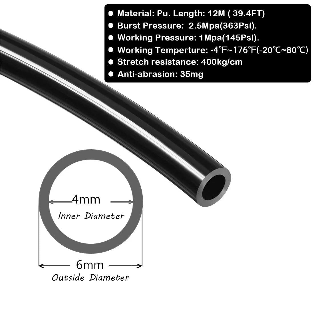 PU Polyurethane Pneumatic Tubing 6mm Outer Diameter 4mm Inner Diameter Black Air Compressor Hose 40 Feet Long 12 Meters High Pressure