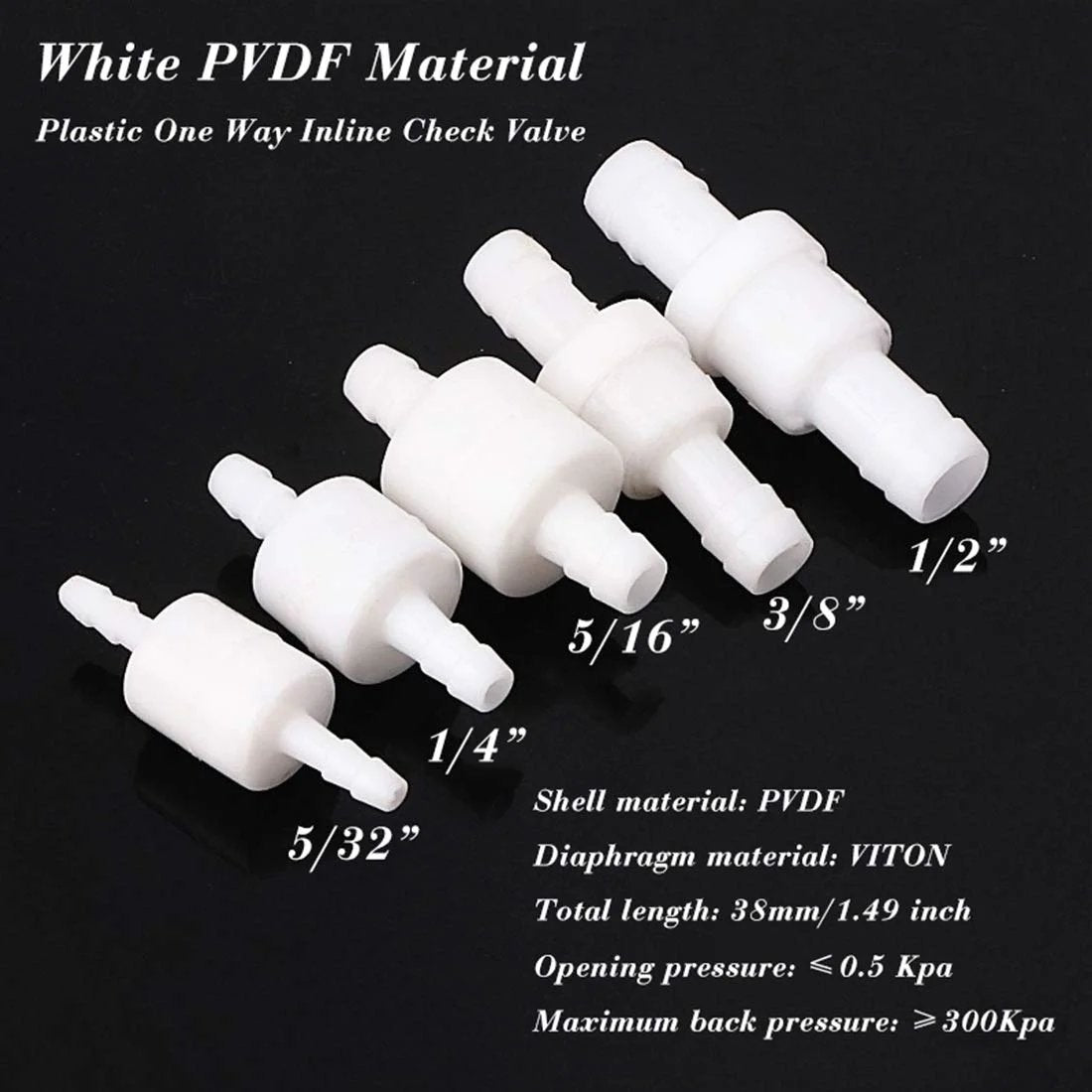 One Way Inline Check Valve With Hose Barb For Fuel Oil Water Gas Lines, Non Return, Spring Loaded, Ozone Resistant PVDF Plastic