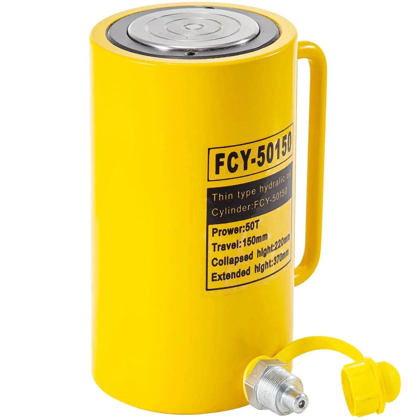 Front view of 50T Hydraulic Cylinder Jack With 6 Inch Stroke For Bending And Lifting On Trucks, yellow color with label details.