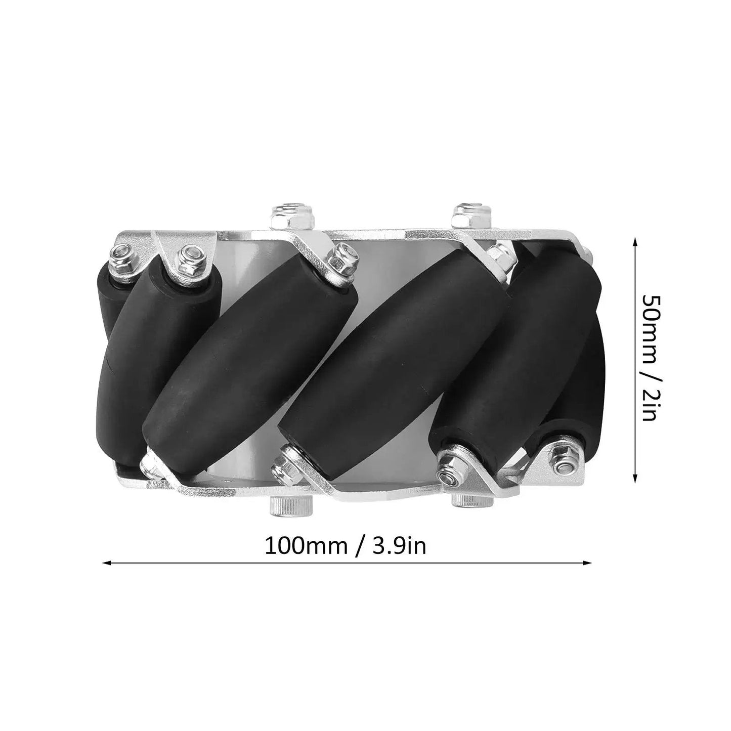 Top view of Heavy Duty Four 100mm Mecanum Wheel Set for Robots and RC Cars with durable steel wheels and aluminum alloy rollers.