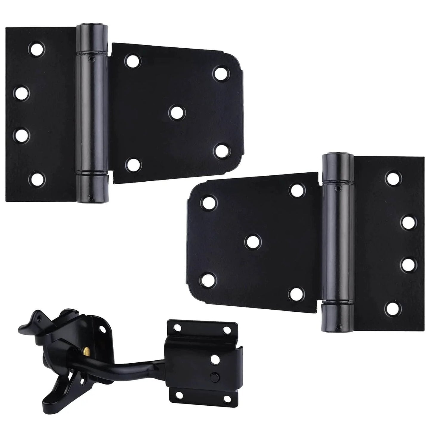 Self Closing Gate Hardware Kit With Self Locking Gate Latch And Two Pack 3.5 Inch Heavy Duty Adjustable Spring Hinges in black.