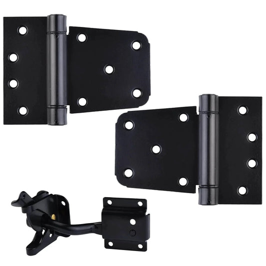 Self Closing Gate Hardware Kit With Self Locking Gate Latch And Two Pack 3.5 Inch Heavy Duty Adjustable Spring Hinges in black.