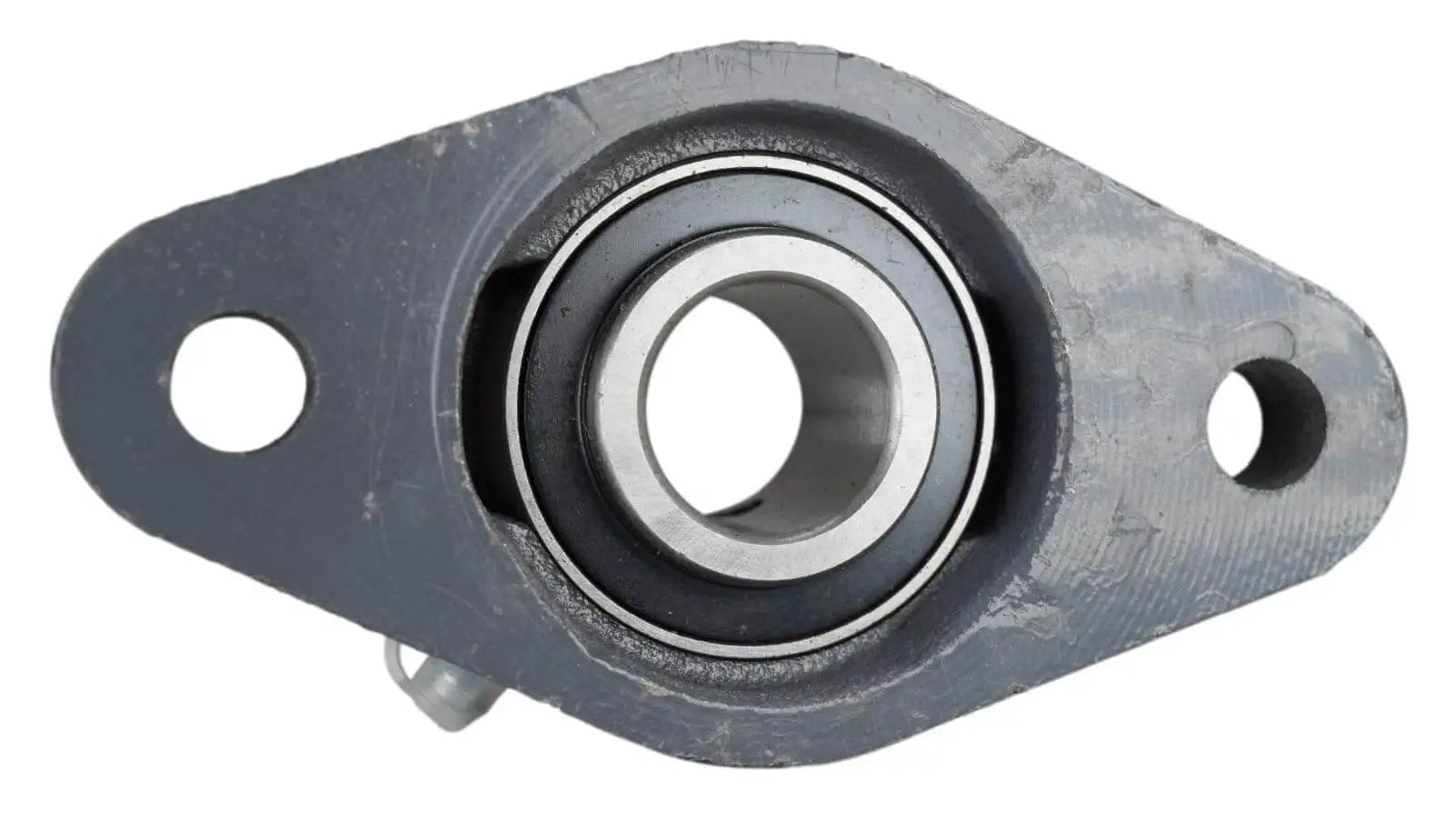 Front view of 15/16 Inch Two Bolt Flange Bearing With Set Screws UCFL205-15 Cast Iron Housing with grease zerk