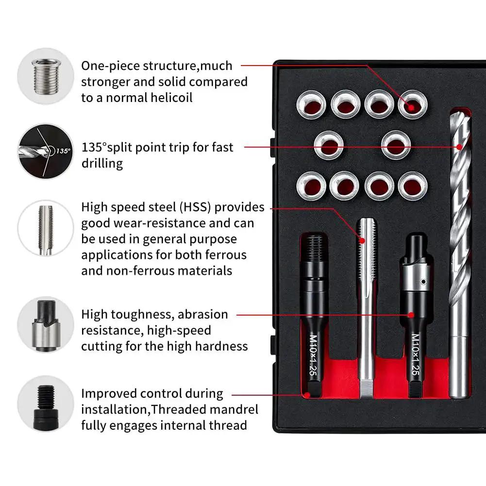Pro Grade Stainless Steel M10x1.25 Thread Repair Kit With 14mm Inserts, 10 Pieces, Includes HSS Drill, Tap, Counterbore And Installation Driver