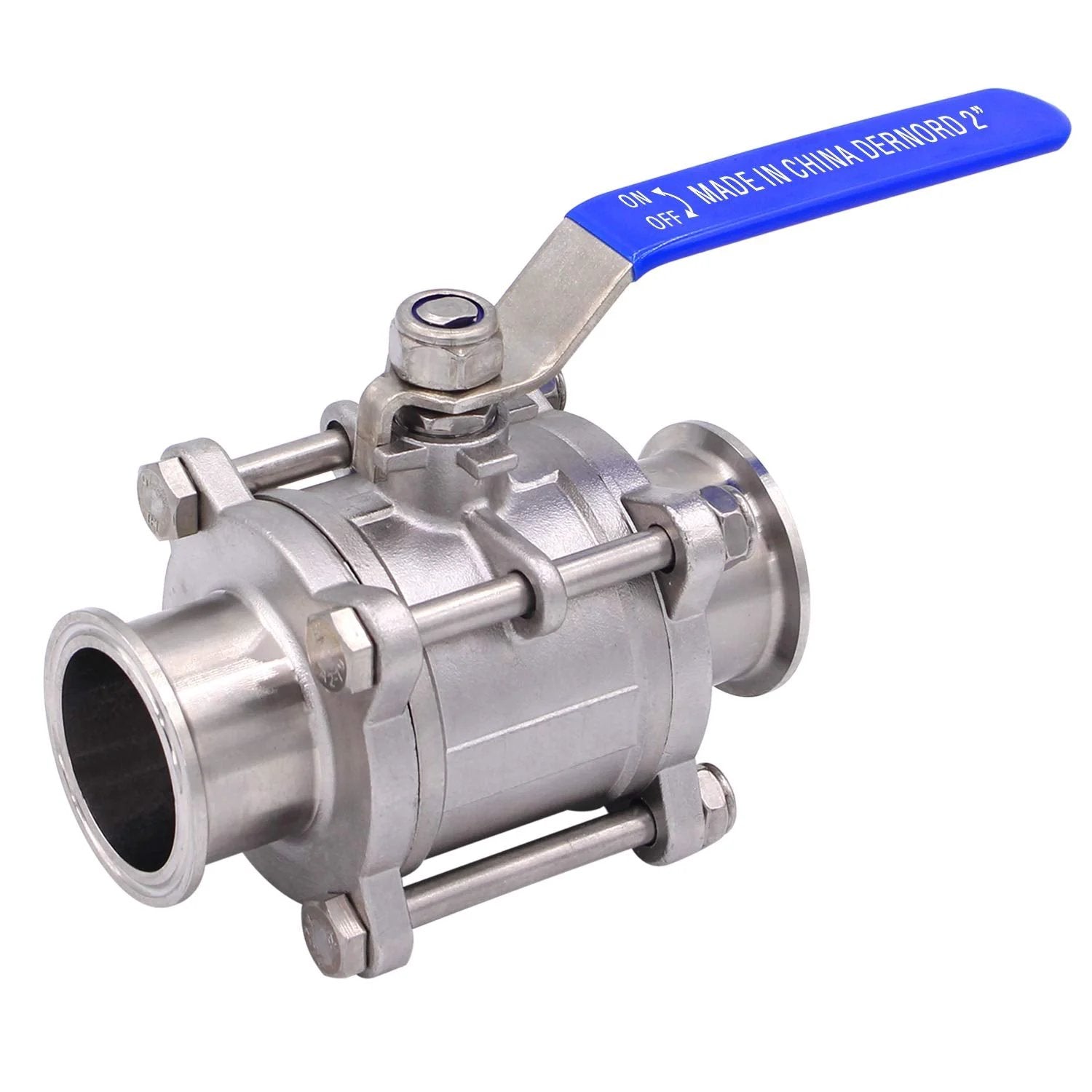 Front view of Sanitary Ball Valve 2 Inch Tube OD Quick Clamp Tri Clamp Fitting Stainless Steel 304 PTFE Lined Two Way and Three Piece