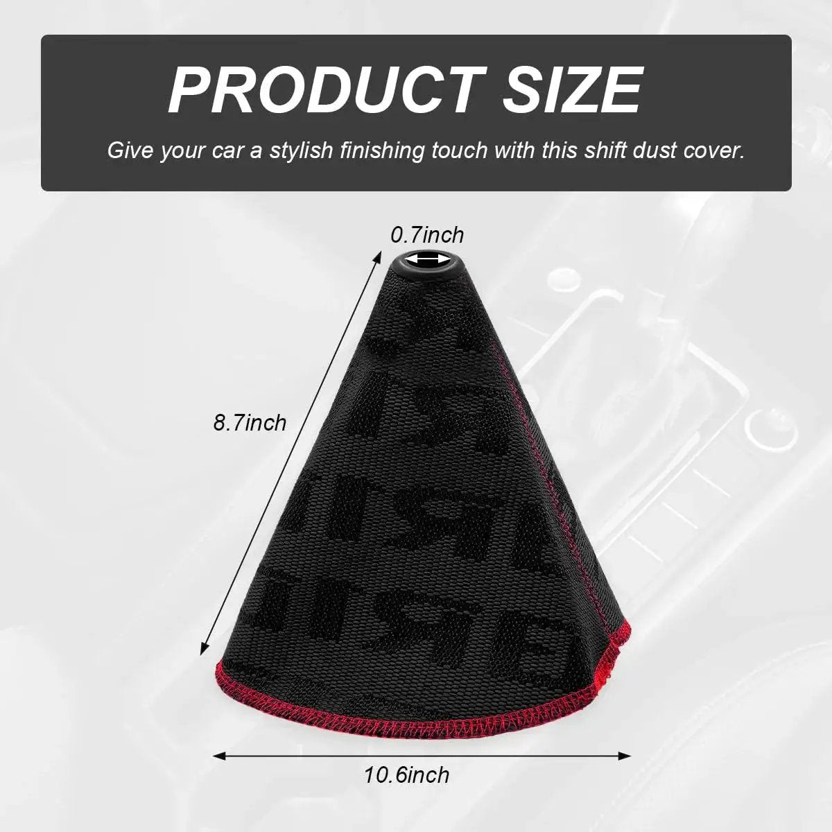 Fabric Car Shift Boot Cover Dustproof Gear Gaiter For Most Vehicles in black with red stitching, dimensions 10.6 x 8.7 inches.