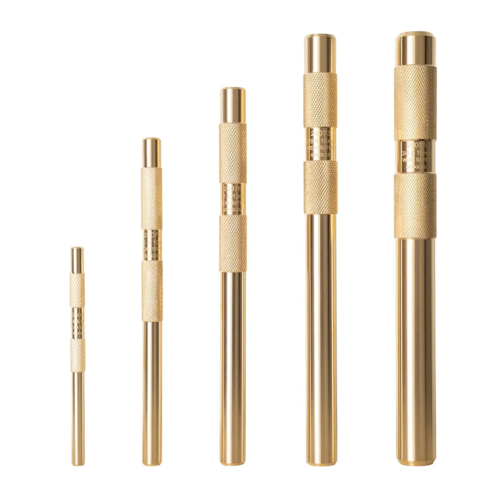 Five Piece Brass Punch Set For Non Marring Removal And Repair With Pins In One Quarter, Three Eighths, One Half, Five Eighths And Three Quarters Inch Pins