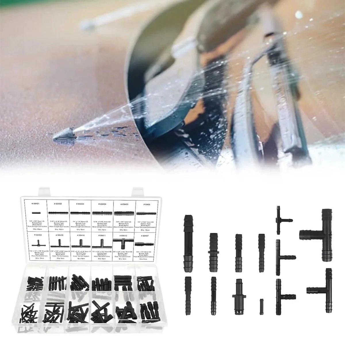 Car Vacuum Line Fitting Kit With 113 Piece Nylon Heat Resistant Tubing Fittings Including Tee Straight Reducer Assortment, packaging view.