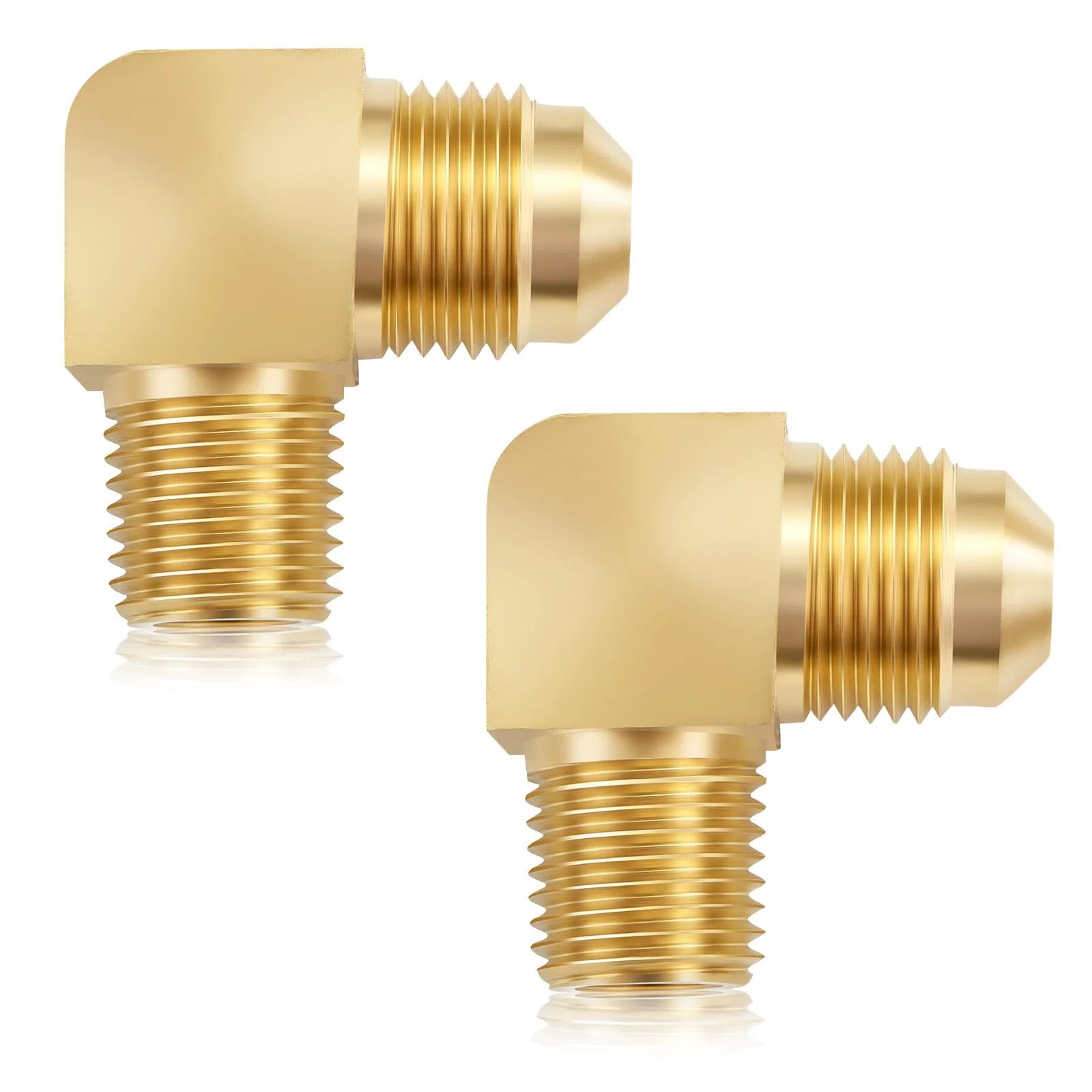 Heavy Duty Brass Tube Fitting Two Pack 90 Degree Elbow Adapter Flare To Male NPT Three Eighths Inch For Plumbing Systems Corrosion Resistant Durable High Temperature Range From Minus 53 To 121 Degrees Celsius
