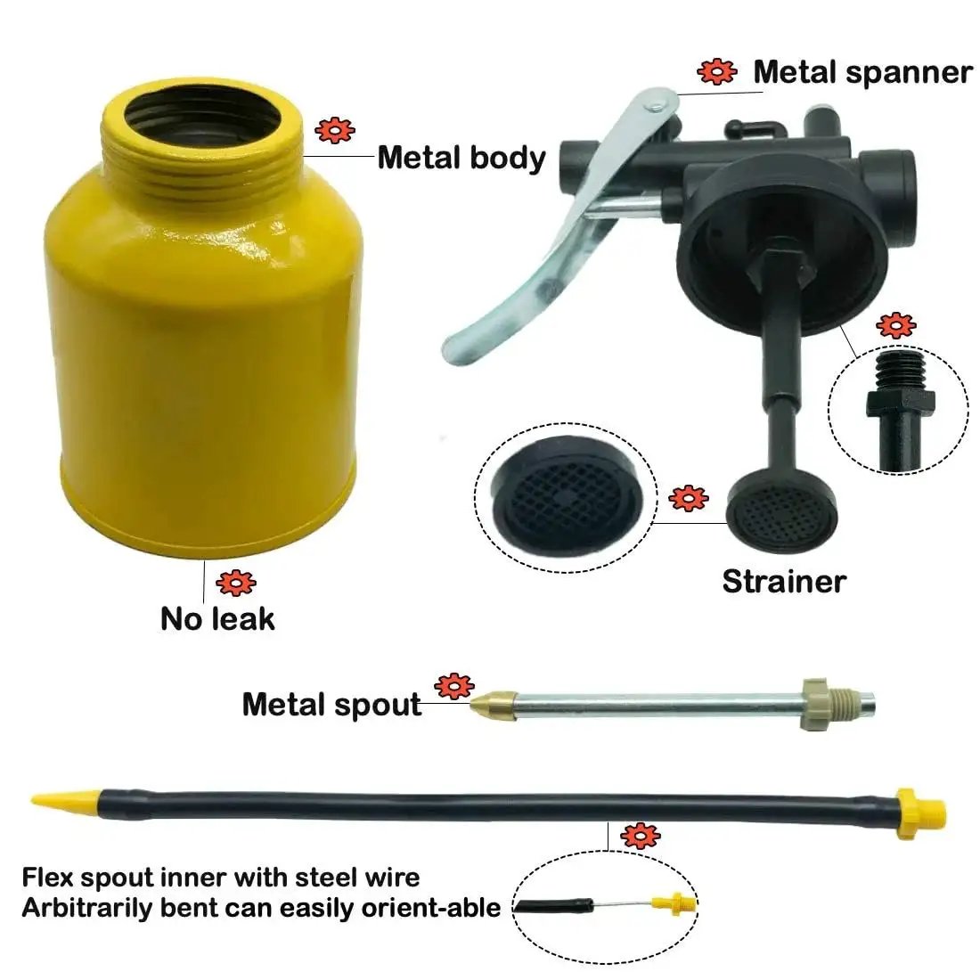 Professional 8 Oz Hand Pump Oil Can With Metal Construction And Long Flexible Spout For Precise Lubrication, parts view