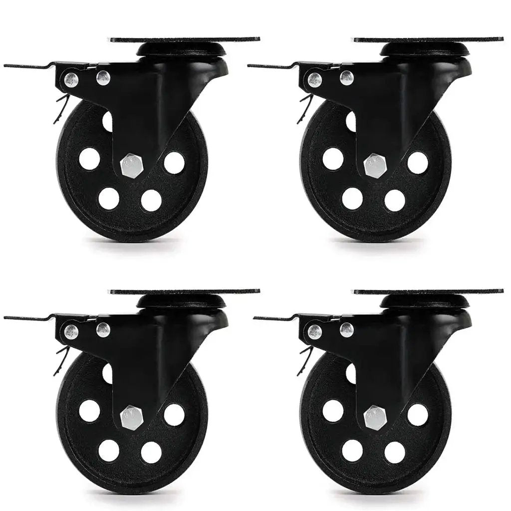 Heavy Duty 4 Inch Cast Iron Swivel Plate Caster with Dual Locking Brakes for Tables and Carts, 2000 Lb Total Capacity, Pack Of 4