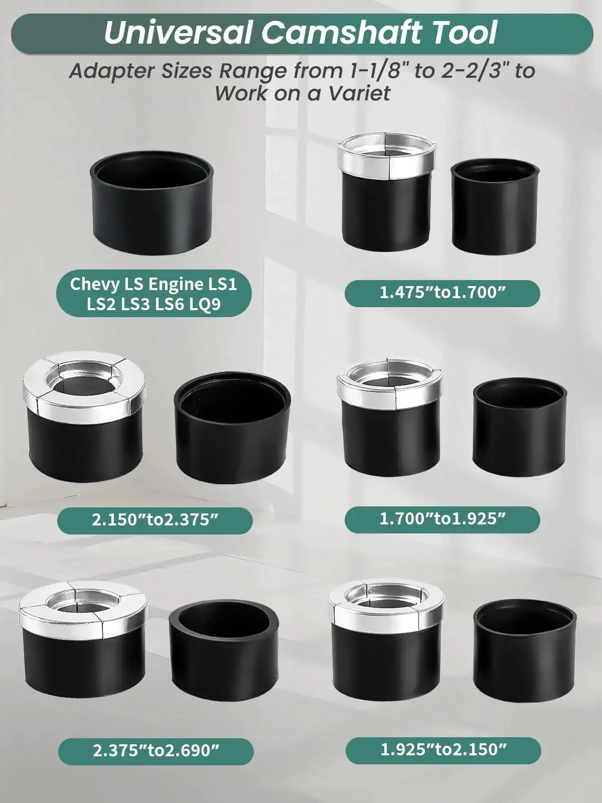 Cam Bearing Removal And Installation Tool Kit with 1-1/8 to 2-2/3 Inch Adapters, shown with size labels and compatibility description