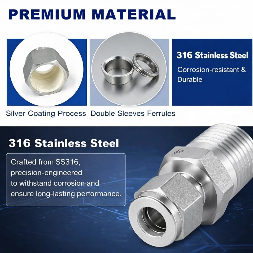 Premium 316 Stainless Steel Compression Tube Fitting Half Inch OD To Half Inch NPT Male Straight Adapter with Ferrules