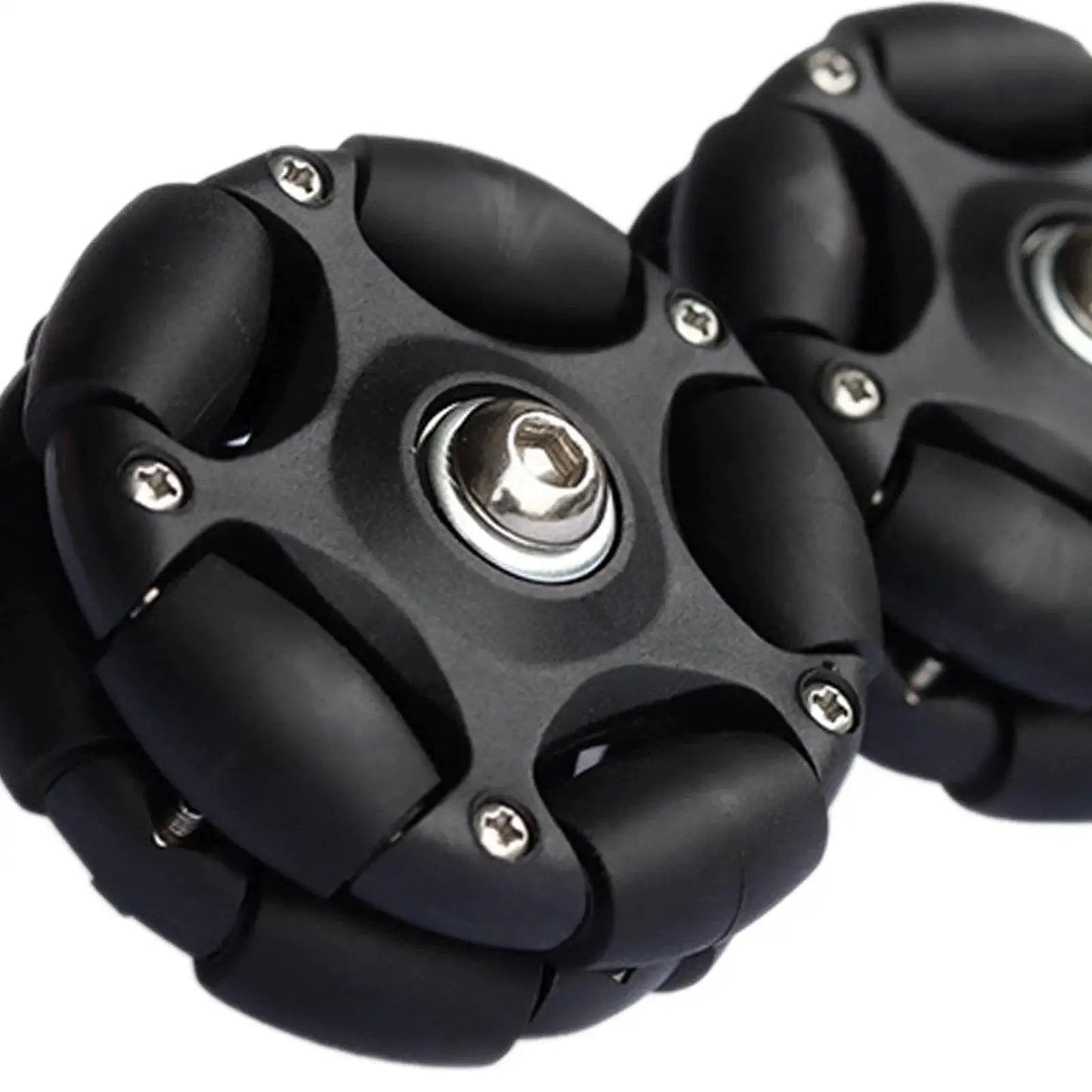 Close-up of Omni Directional 58mm Folding Bicycle Rear Wheel Set with Roller Wheels, ultra portable black design for modding and upgrades.