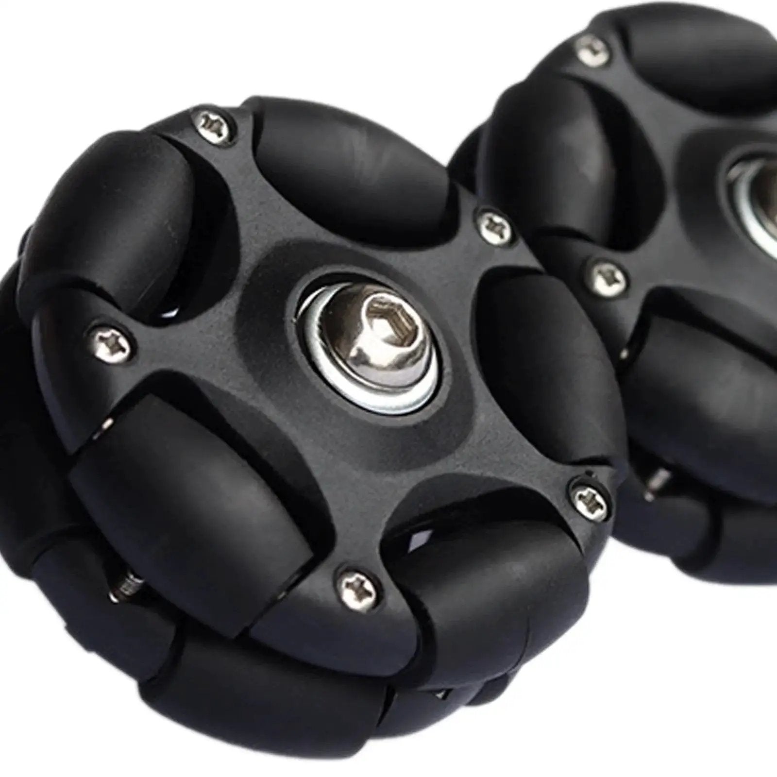 Close-up of Omni Directional 58mm Folding Bicycle Rear Wheel Set with Roller Wheels, ultra portable black design for modding and upgrades.