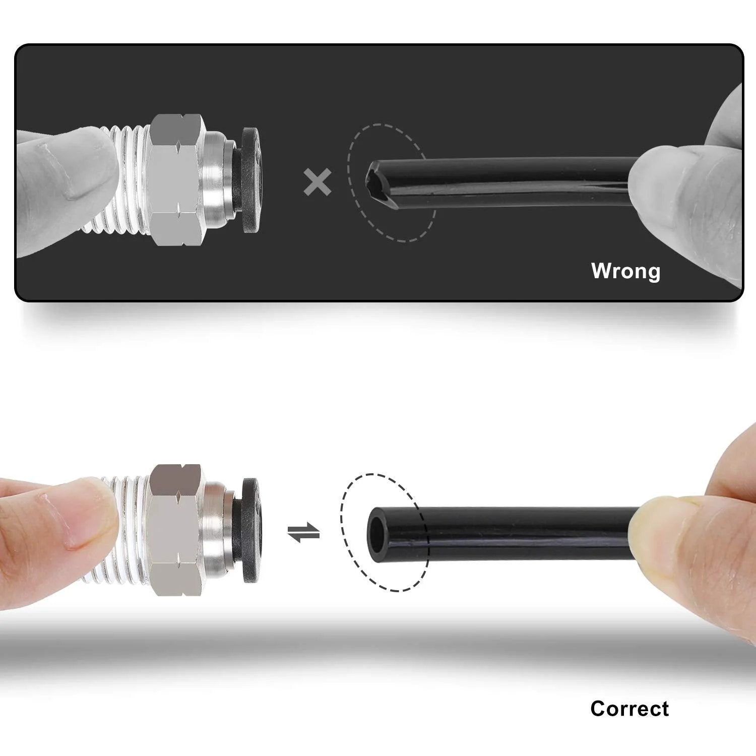 Proper and improper connection of DIY Air Line Tubing Kit One Quarter Inch PU Tube with Push To Connect Fittings