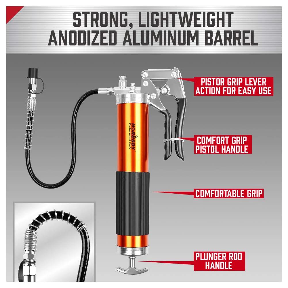 Heavy Duty Grease Gun Kit With 14oz Tubes, 7000 PSI High Pressure, 18 Inch Spring Flex Hose, lightweight aluminum build