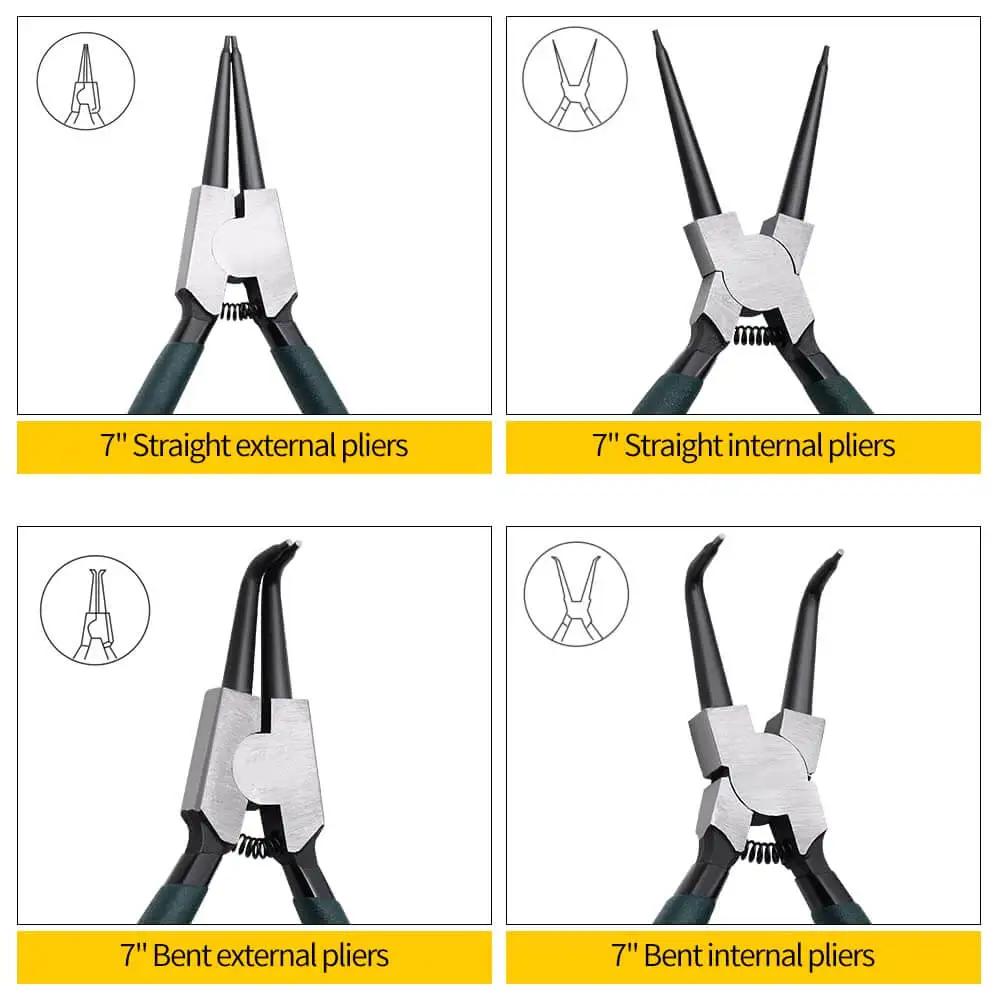 500Pcs Retaining Ring Set M4 To M28 With 21 Sizes Alloy Steel Circlip Snap Ring Kit Including 4 Pliers For Internal And External Snap Rings Pro Grade For Automotive Machinery And DIYers, showing straight and bent pliers.
