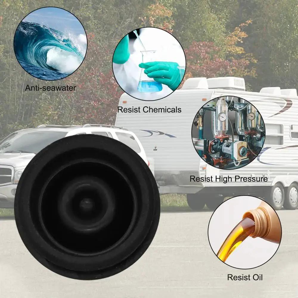 4 Pack Trailer Hub Cap Rubber Plugs For 1.98 Inch Hubs shown against trailer background with durability features.