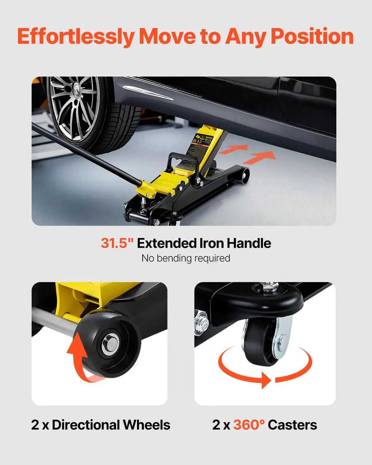 Heavy Duty Floor Jack 2.5 Ton Low Profile With Single Piston Lift Pump under car with extended iron handle and wheels