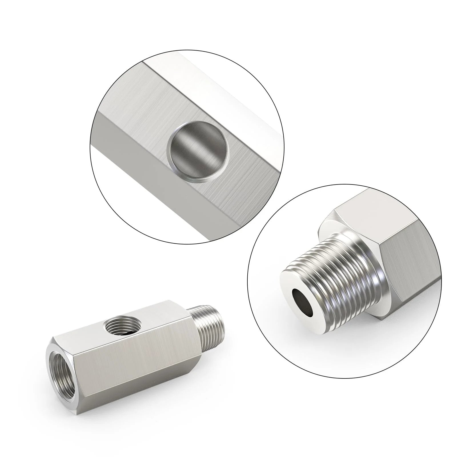 Stainless Steel One Quarter NPT Oil Pressure Sensor Tee Adapter Fitting, One Quarter NPT Female To Male, Includes One Eighth NPT Female Port