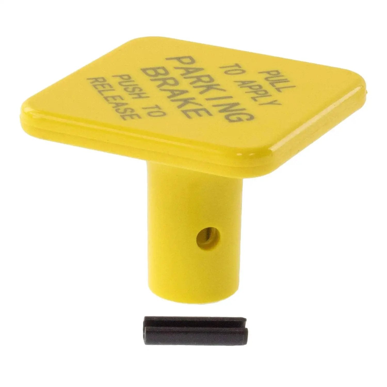 Yellow Dash Valve Knob With Pin For Three Eighths Inch Air Brake Stems shown from a side angle with text "Parking Brake" on knob.